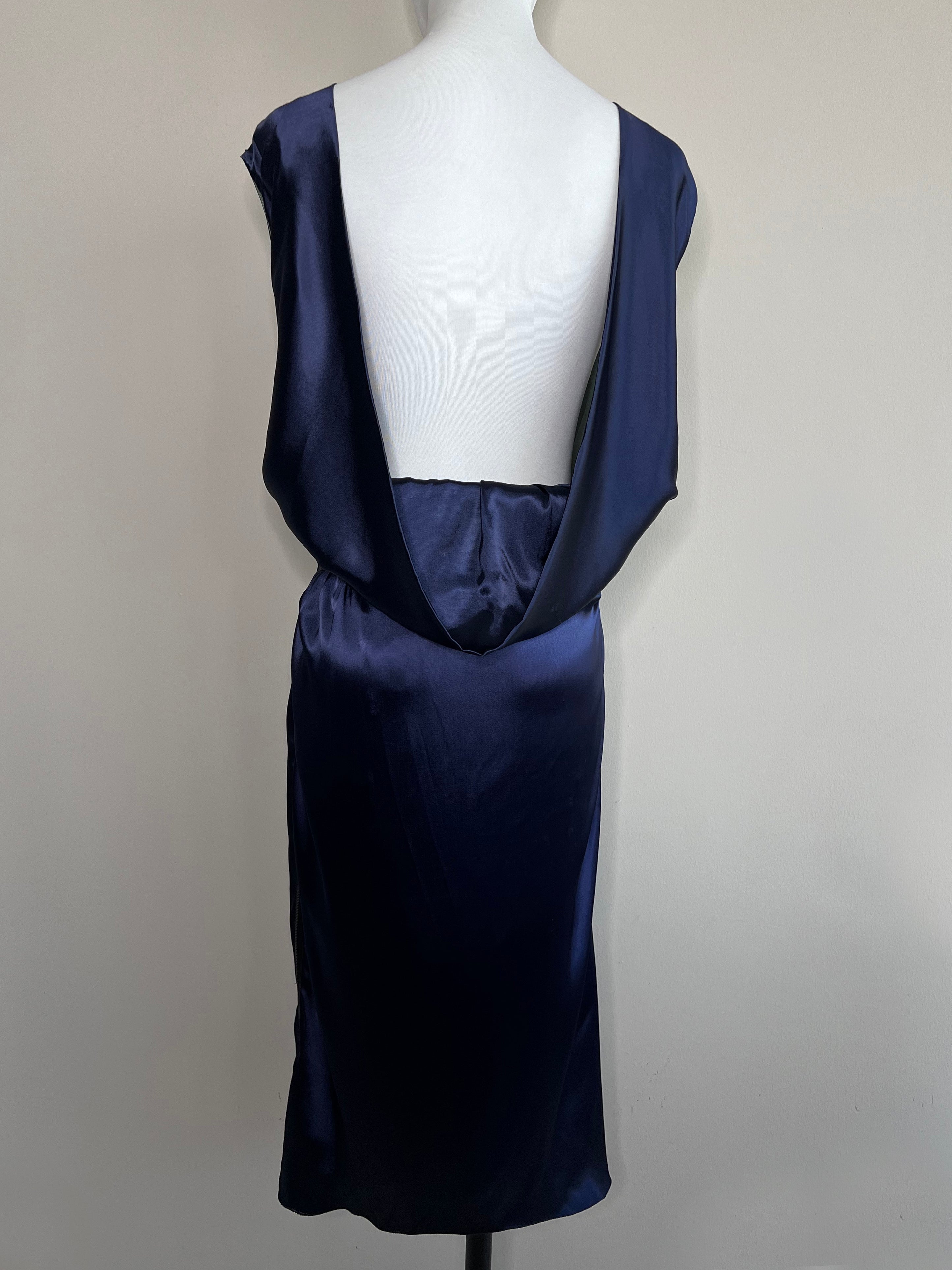 Navy Blue with black belted satin backless dress - LANVIN
