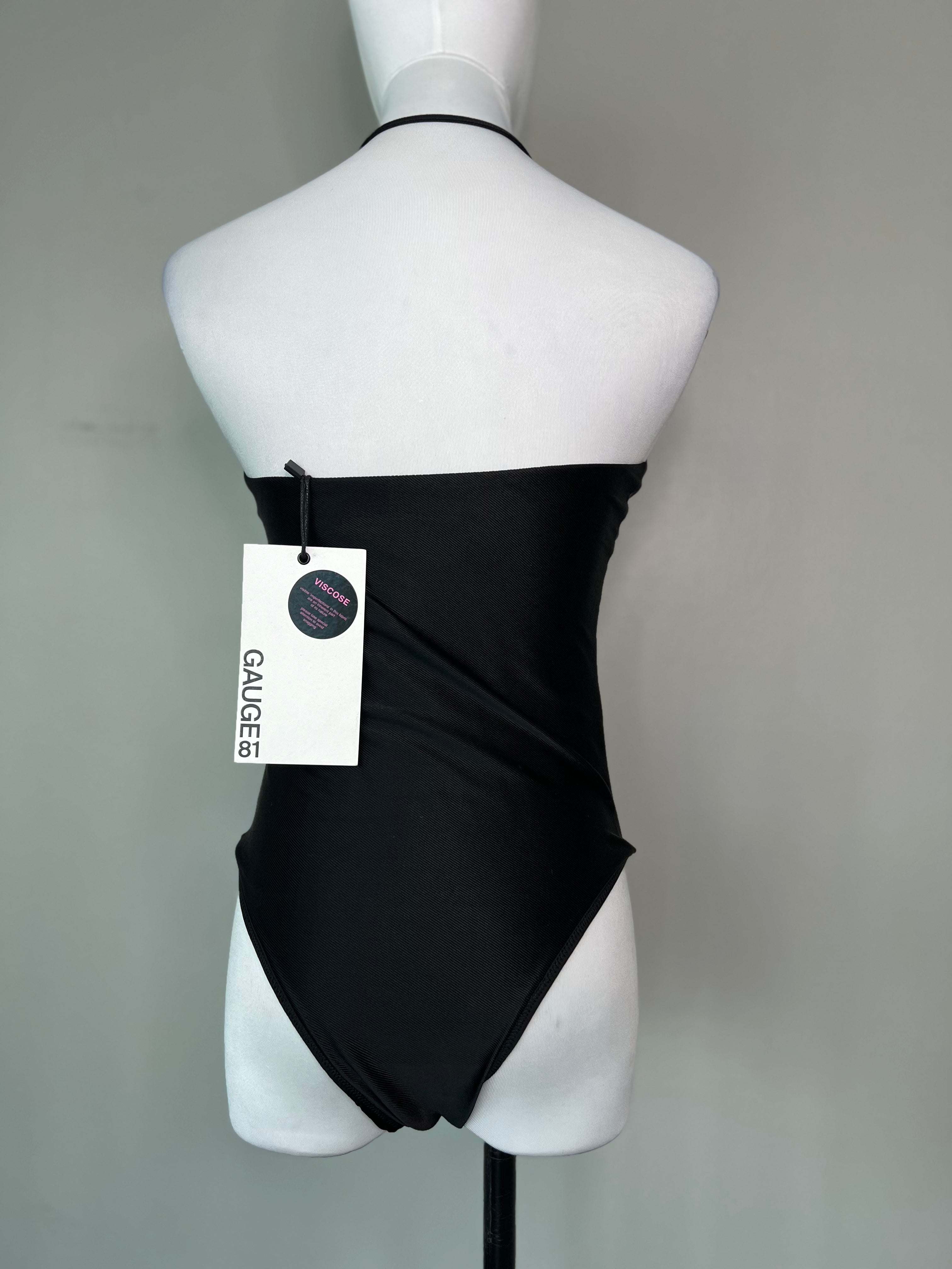 Black one shoulder ribbed asymmetric bodysuit - GAUGE81