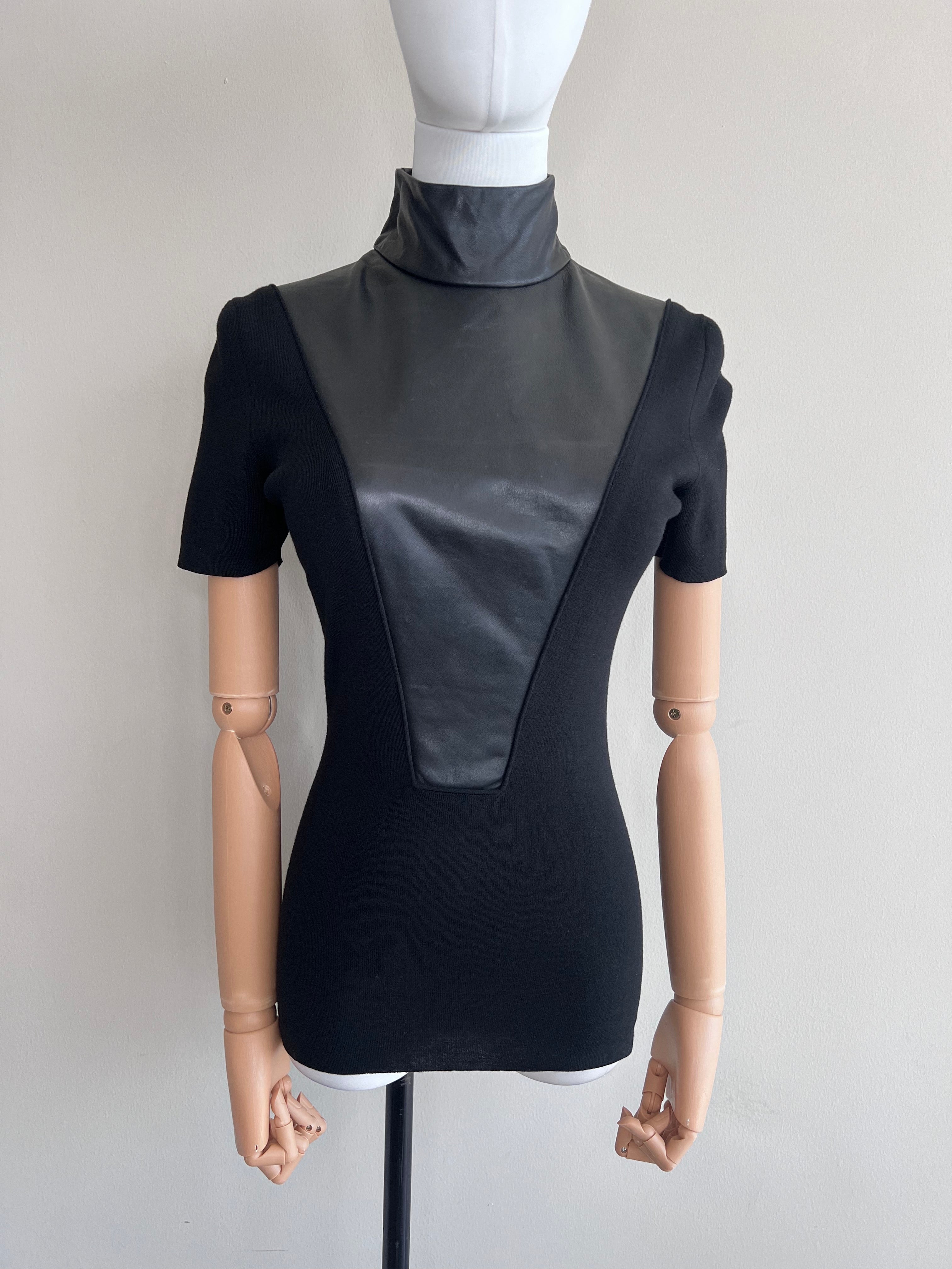 Black leather middle knit turtle neck top - GUCCI
