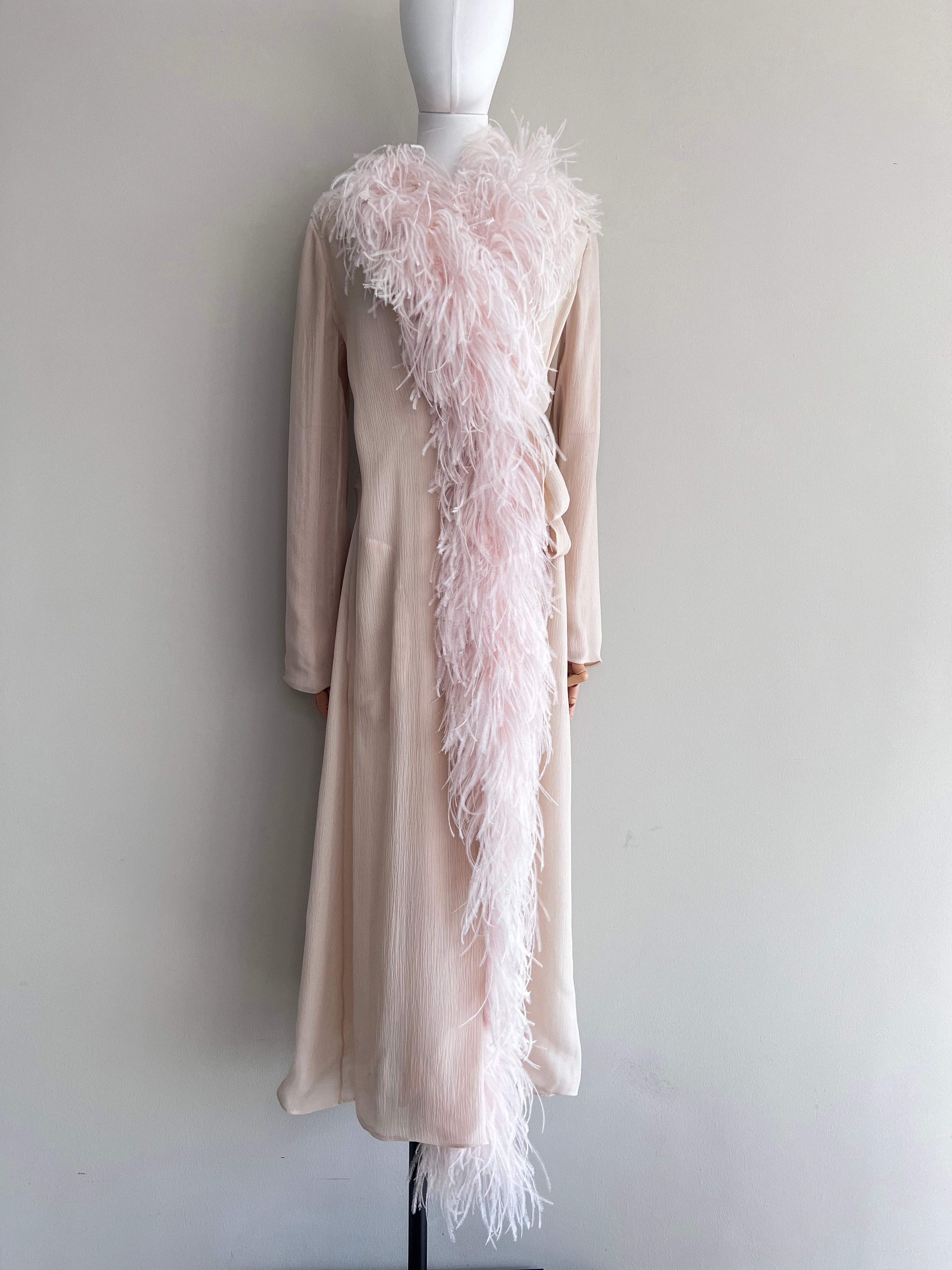 Soft peach satin robe dress with feathers - PRADA