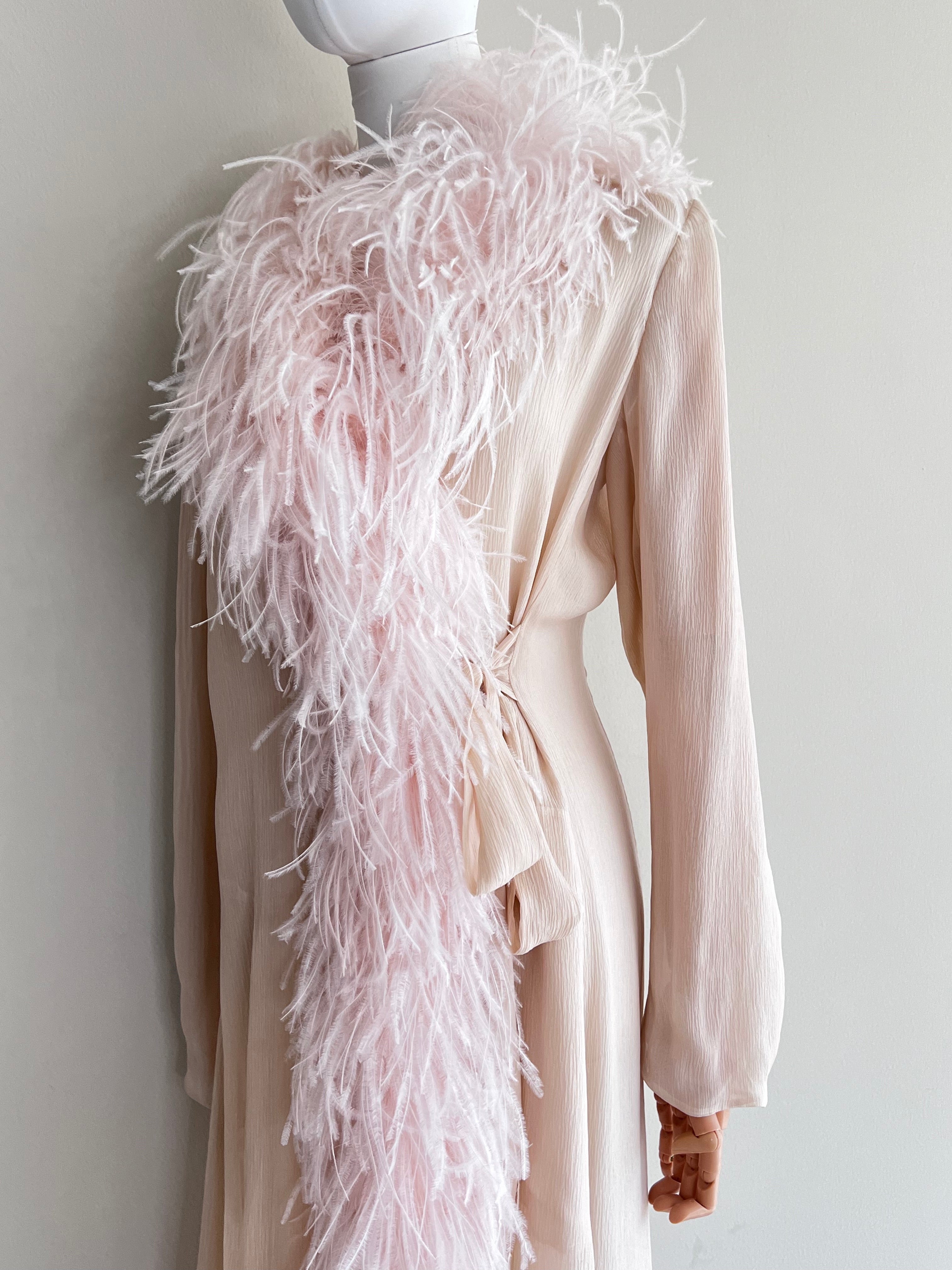 Soft peach satin robe dress with feathers - PRADA