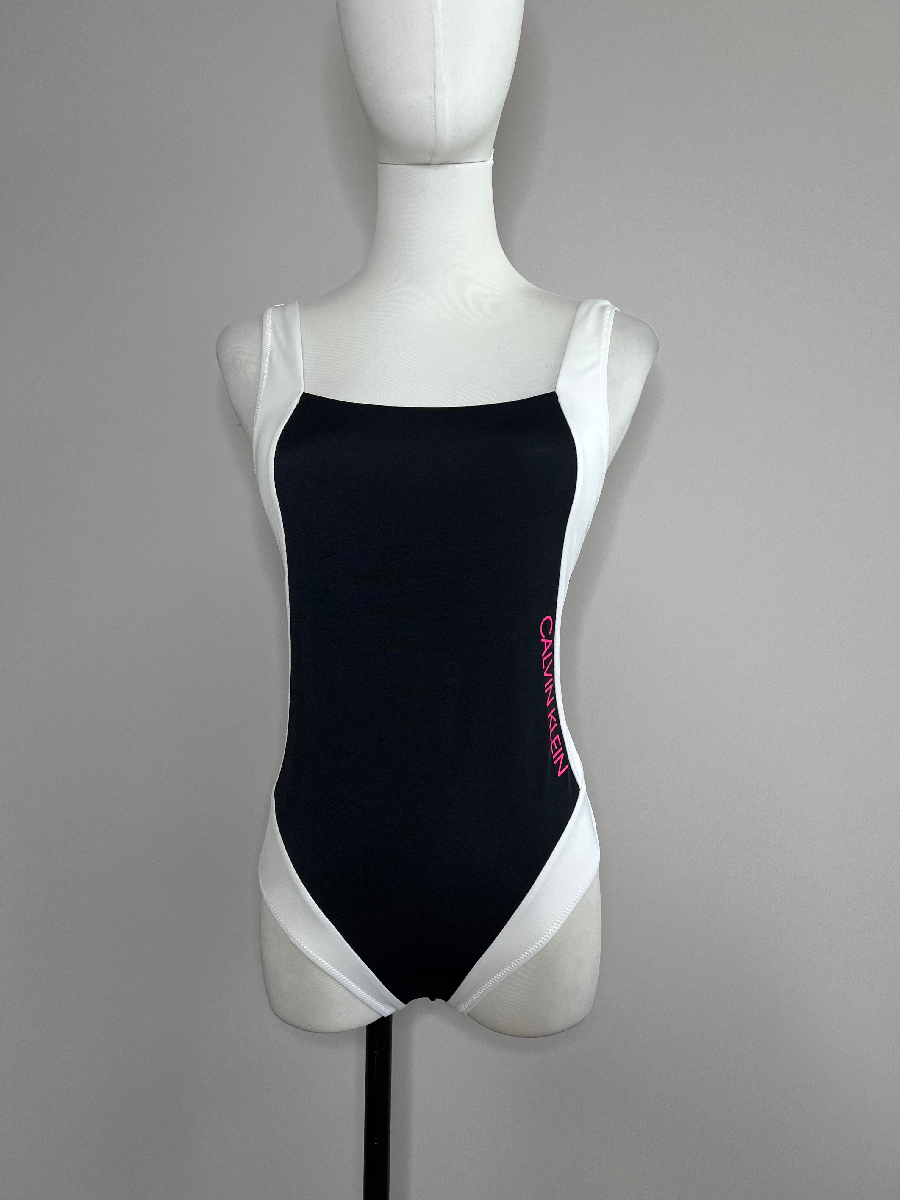 Brand new Plunge back one piece black with white ligning non adjustable shoulder straps low exposed back - CALVIN KLEIN