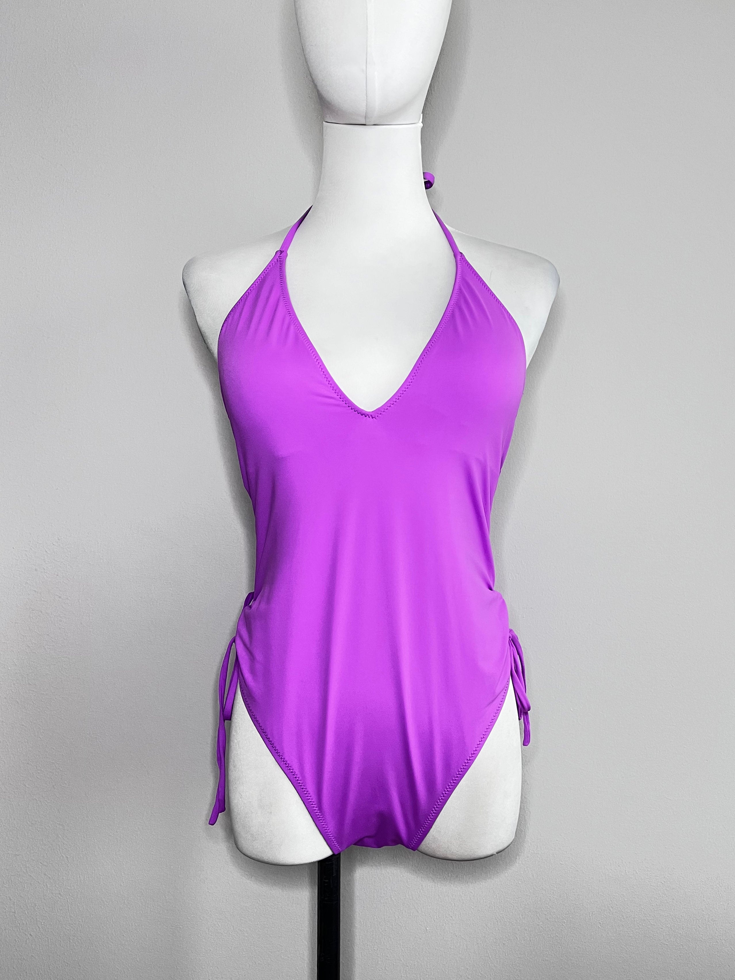 Brand new Purple with embroided logo and ruched details sleevless one piece swimsuit - POLO RALPH LAUREN