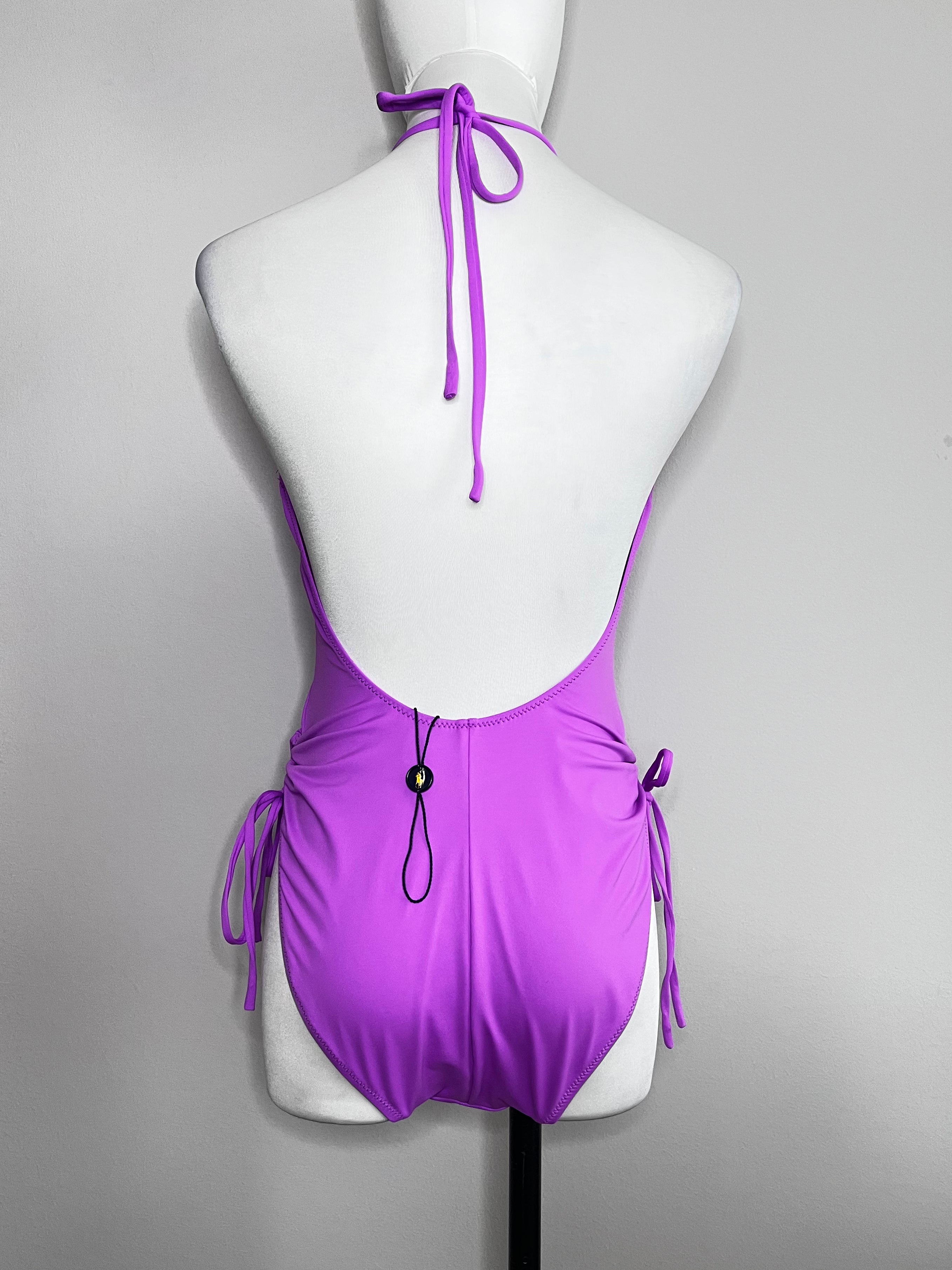 Brand new Purple with embroided logo and ruched details sleevless one piece swimsuit - POLO RALPH LAUREN