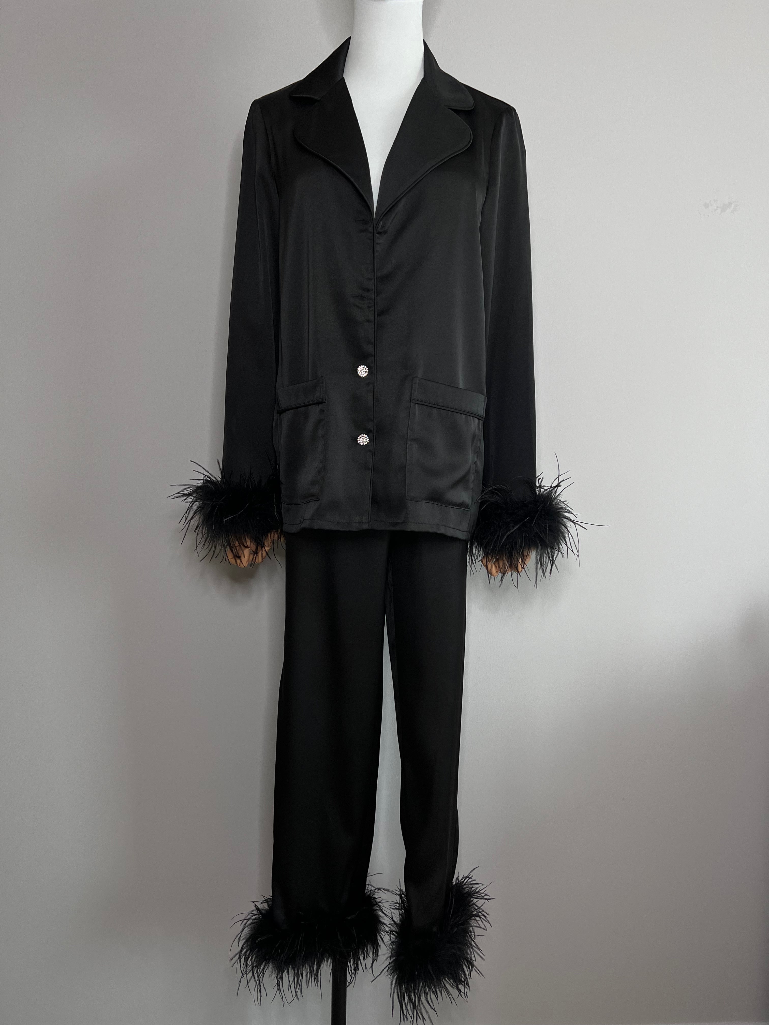 A set of darcie black feather trimed satin pajama - NADINE MERABI