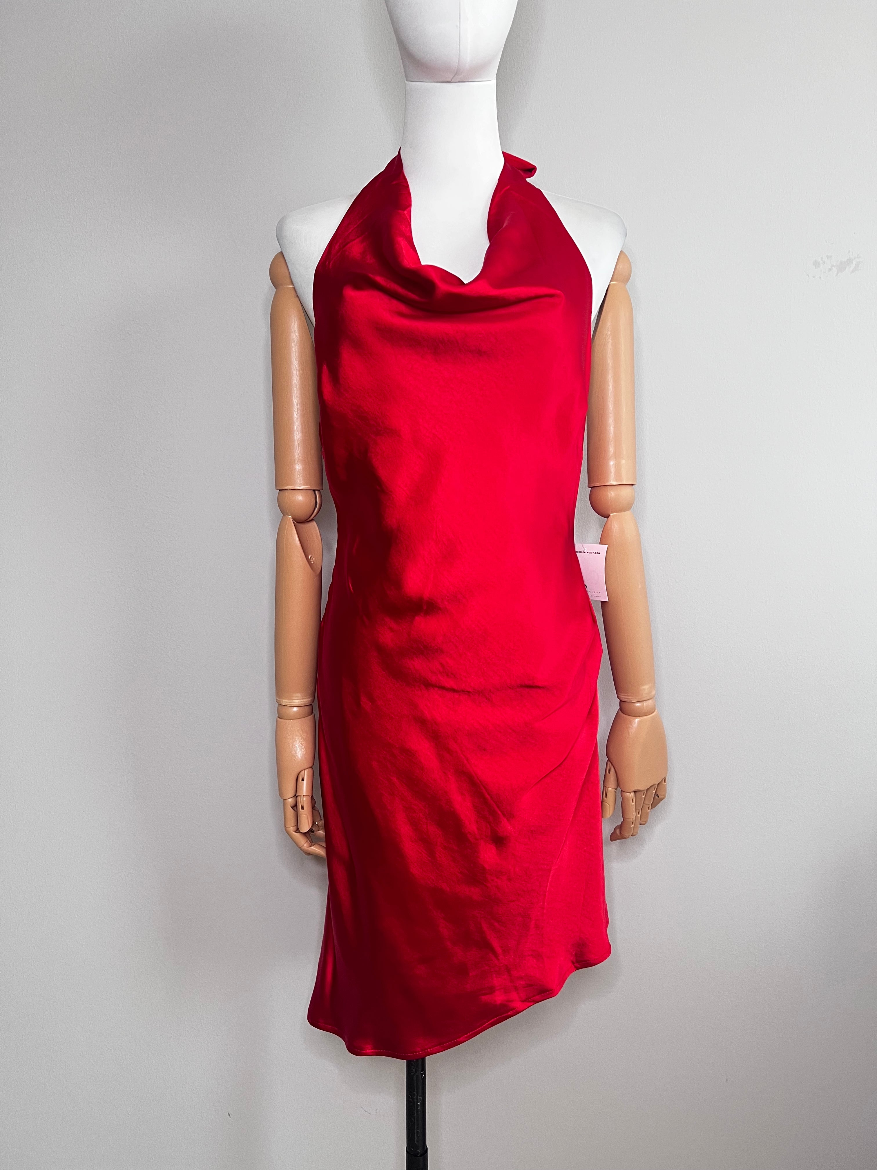 Red open back cowl neck dress in silf fabric - BEACH CITY