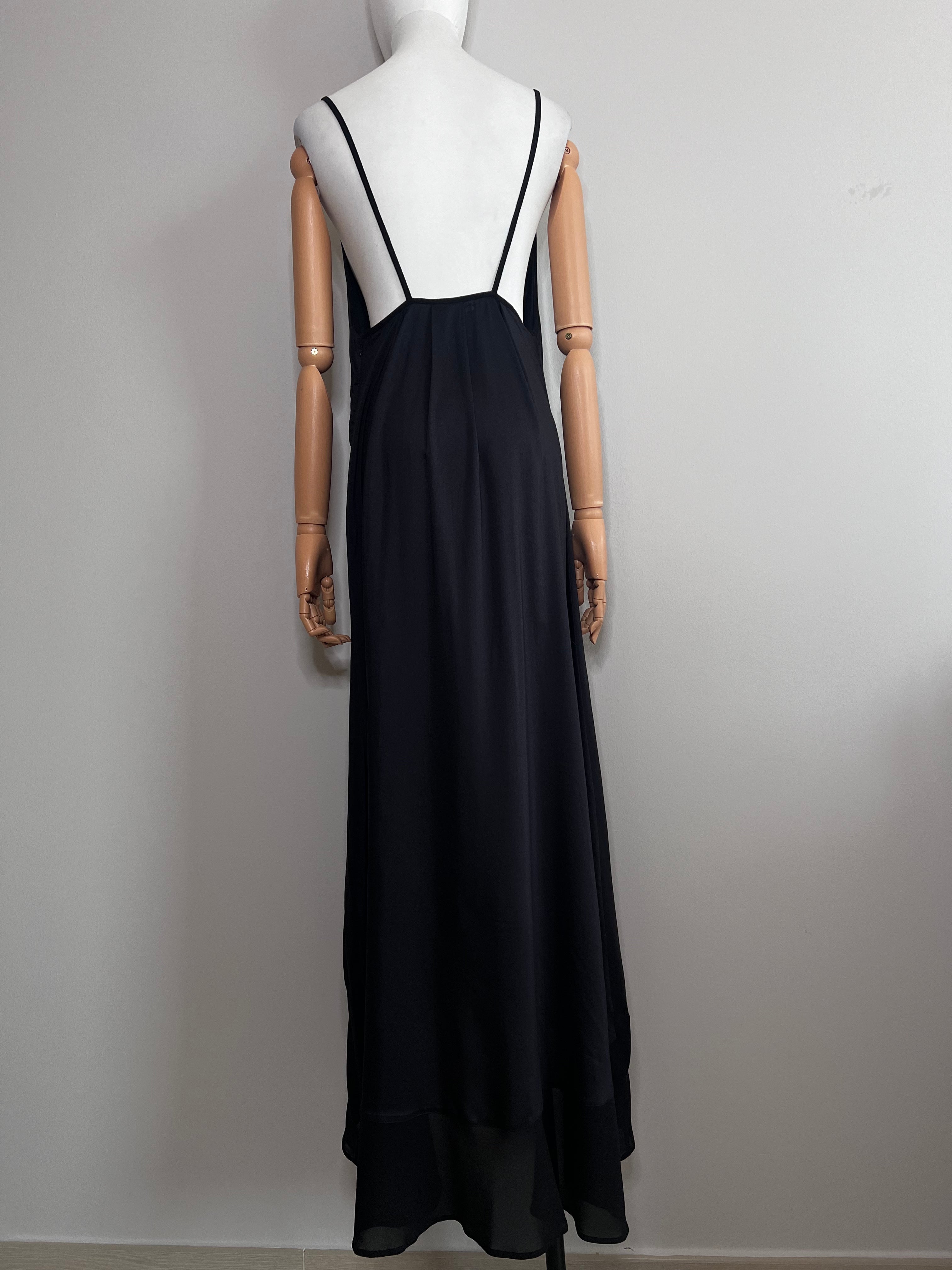 Black flowy v neck flowy long dress with silver stud design - LA PERLA