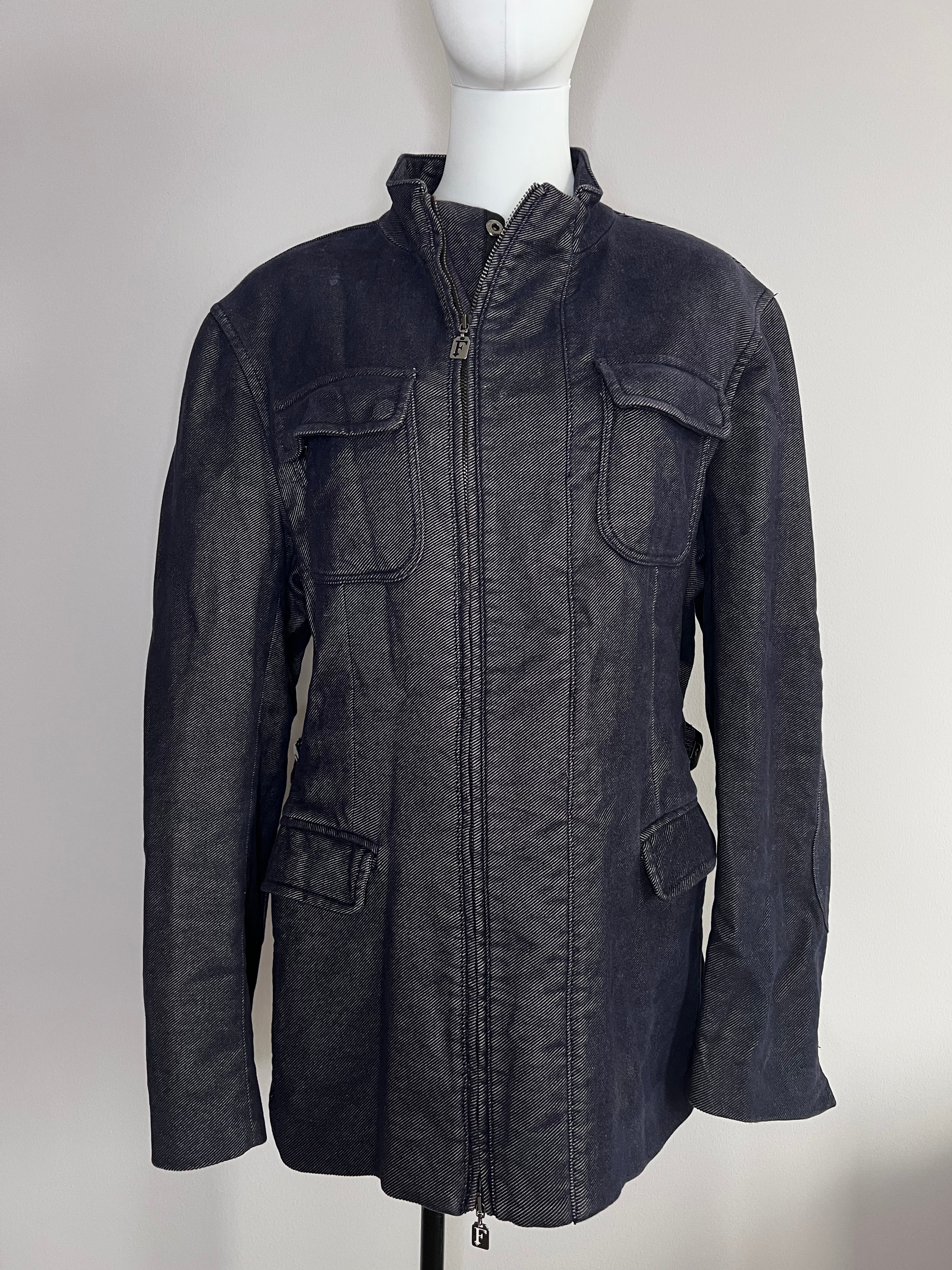 Men's Collection-Oversized denim jacket with pockets at the chest and suspenders at the waist. - FERRÉ