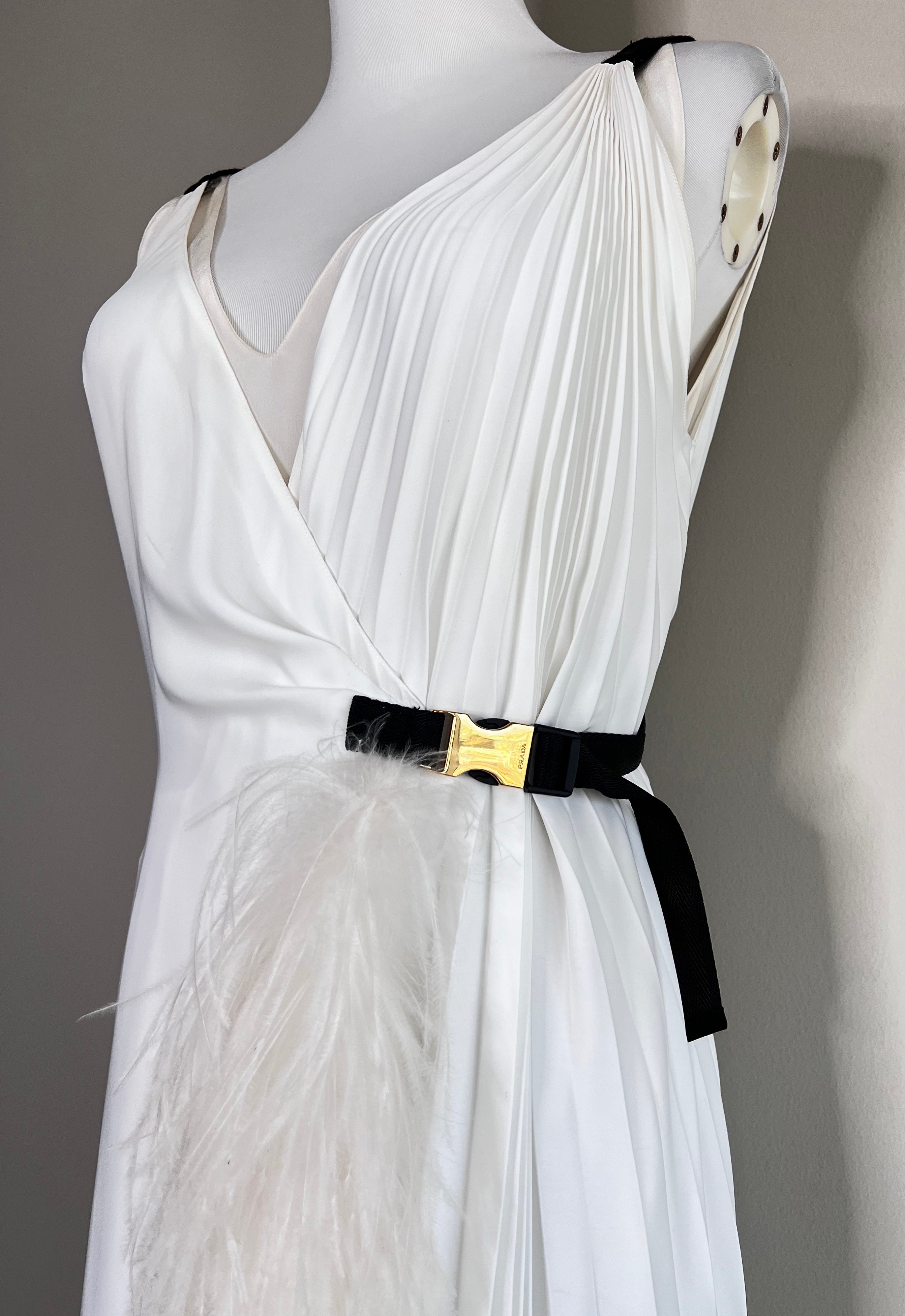 Pleated twill wrap dress with feather in white - PRADA