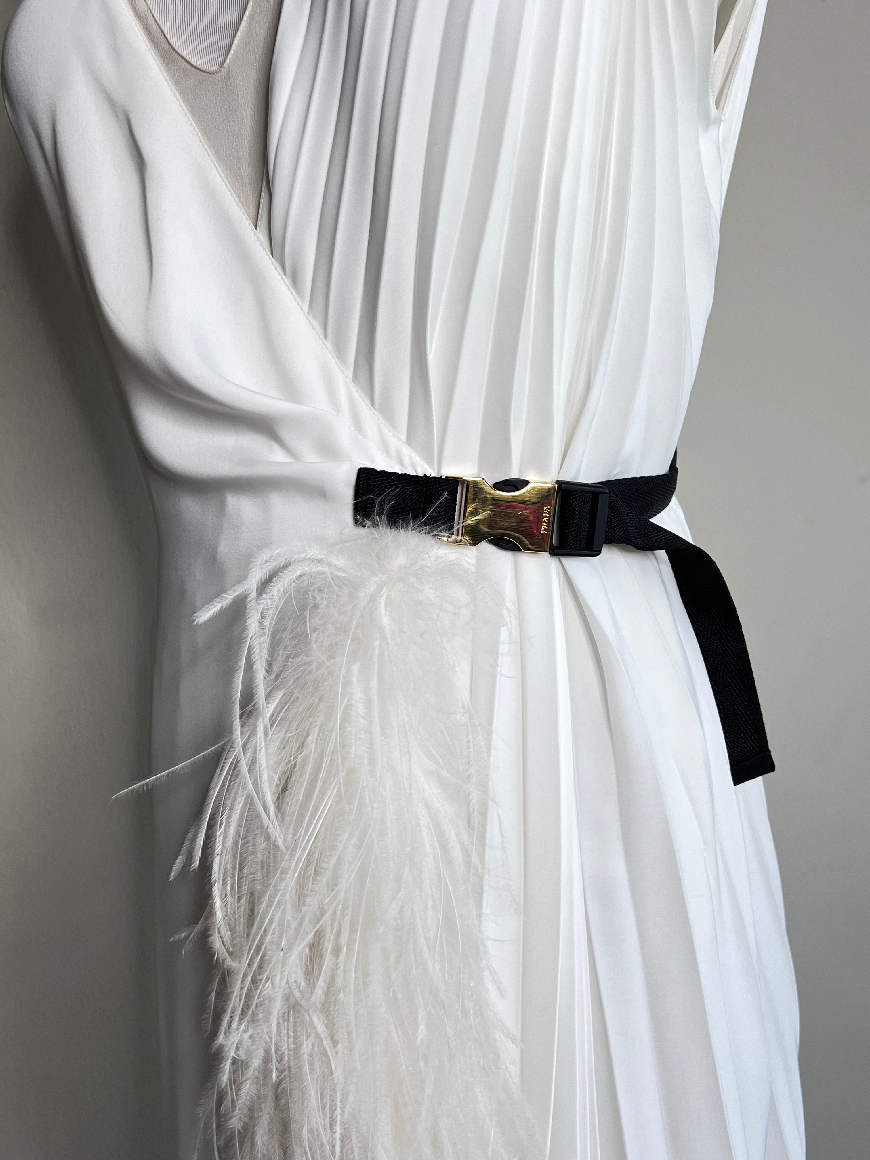 Pleated twill wrap dress with feather in white - PRADA