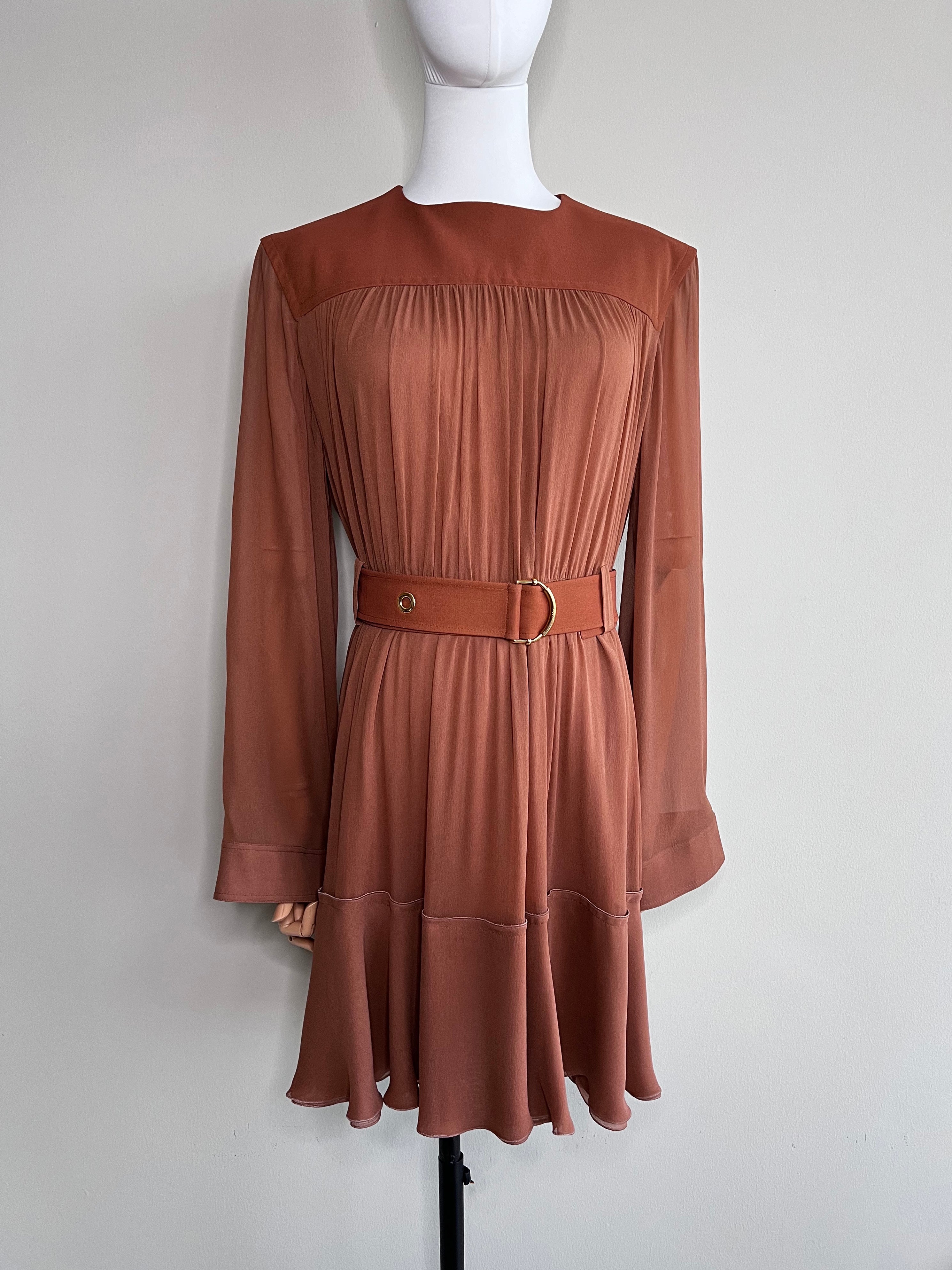 Brown belted mousseline and silk crepe longsleeve dress - CHLOE