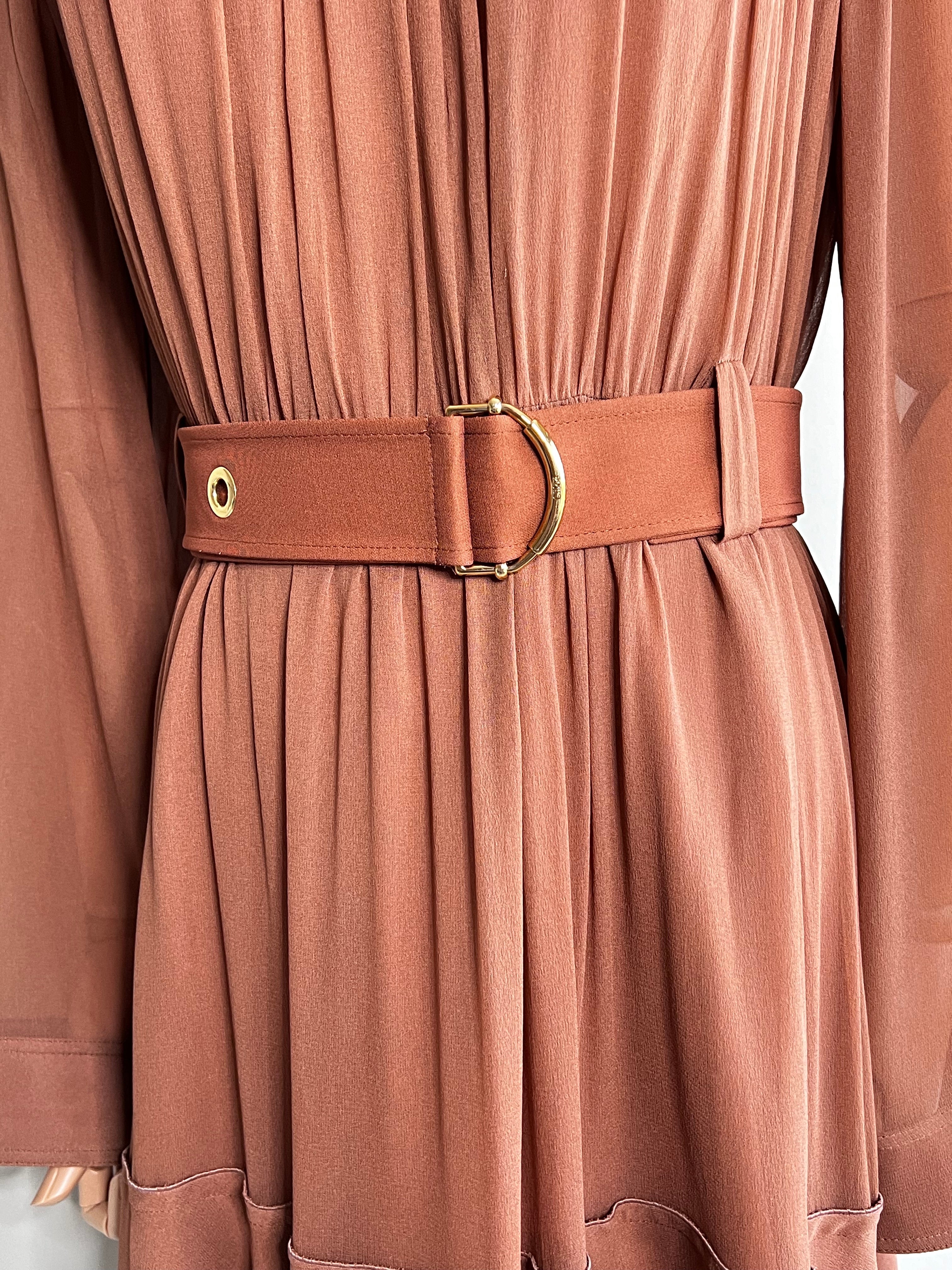 Brown belted mousseline and silk crepe longsleeve dress - CHLOE