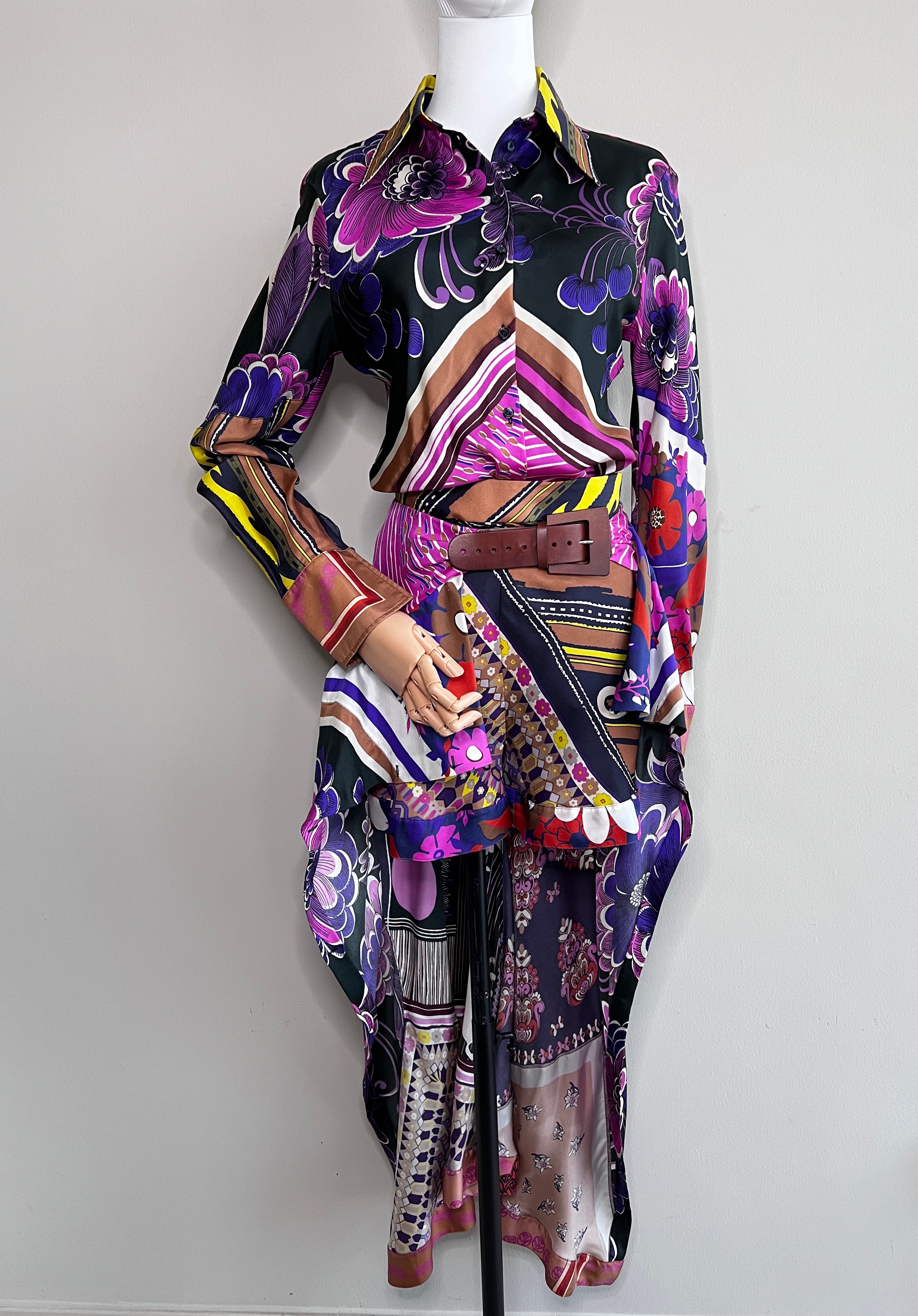 A set of multicolored print silk twill longsleeve and asymmetric belted skirt - CHLOE