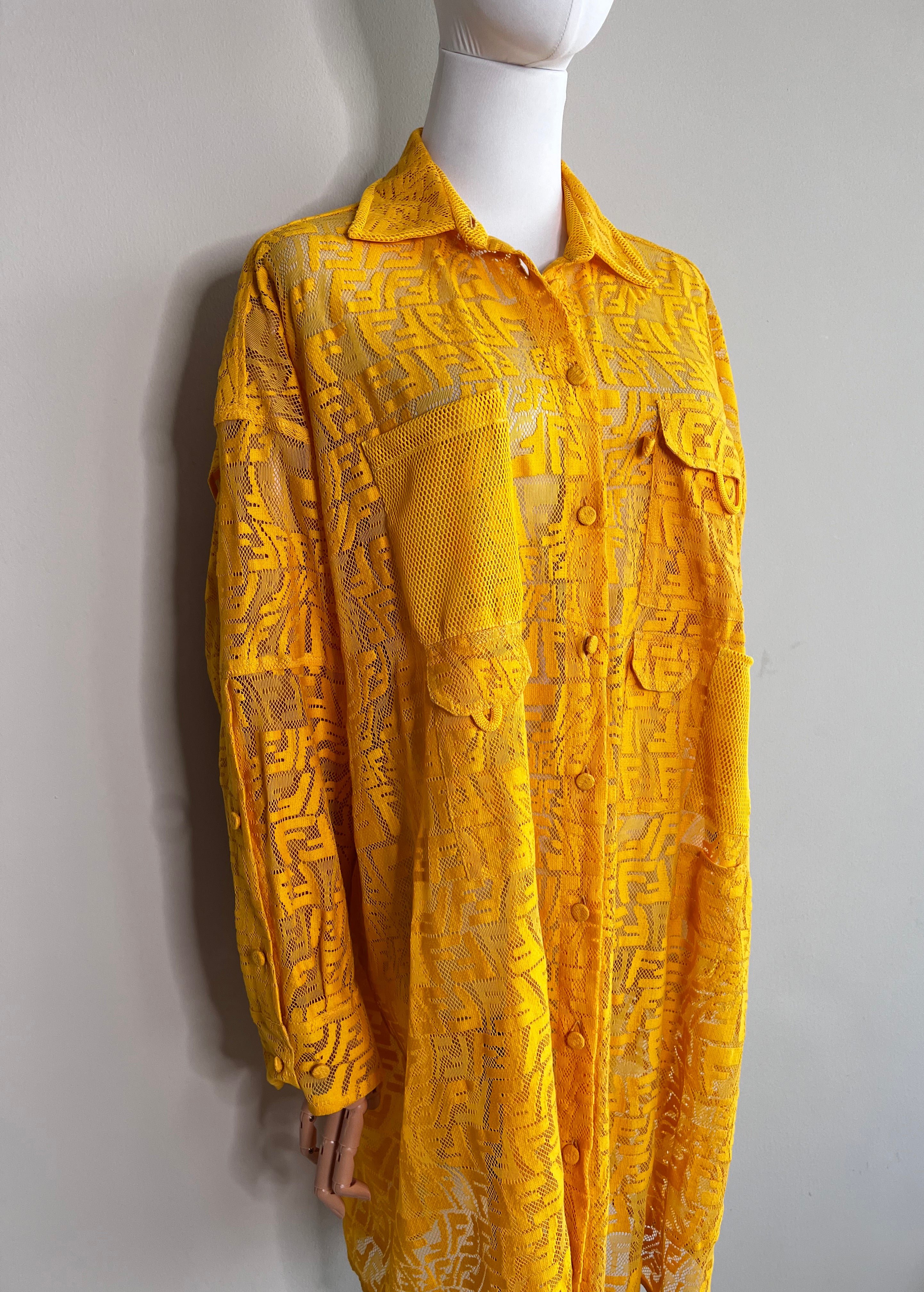 Yellow FF Fisheye motif lace embroidered shirt dress - FENDI