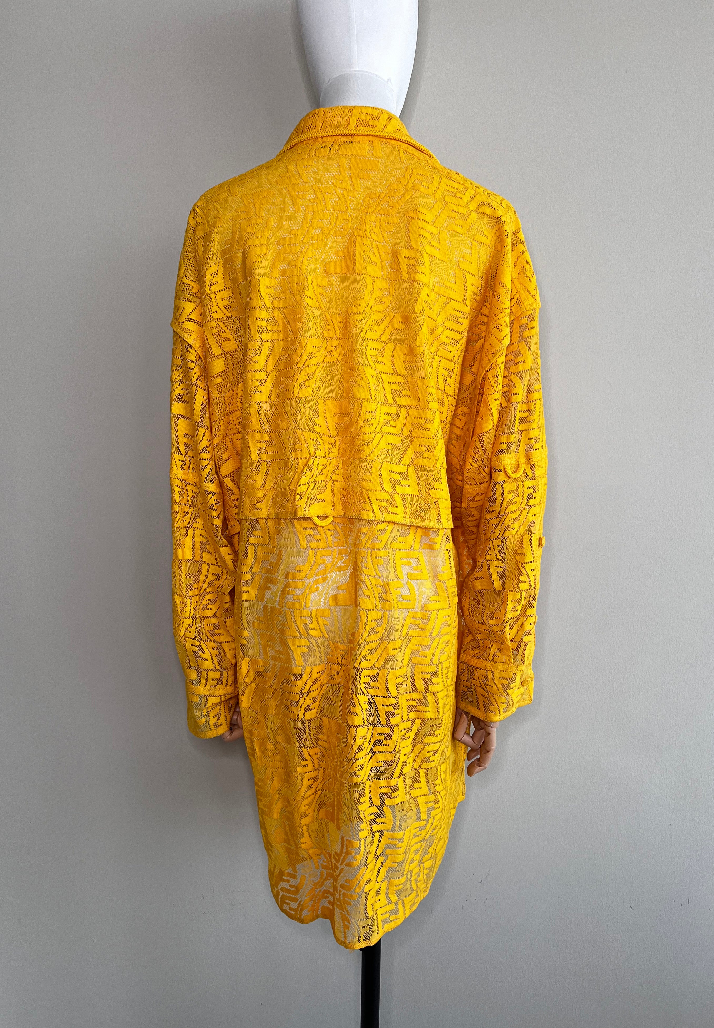 Yellow FF Fisheye motif lace embroidered shirt dress - FENDI