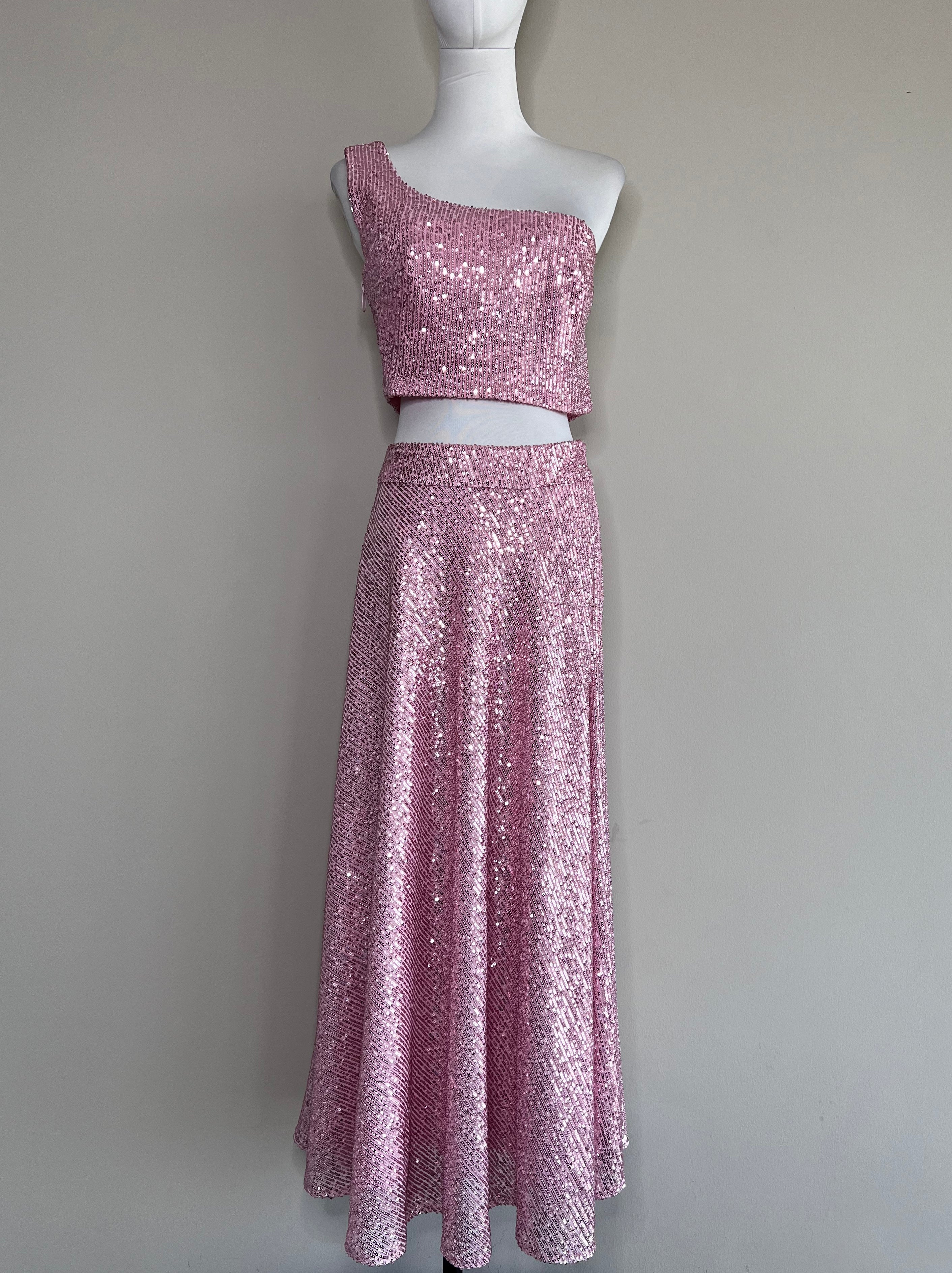 A set of Pink sequined one shoulder glitter top and long skirt - STELLE