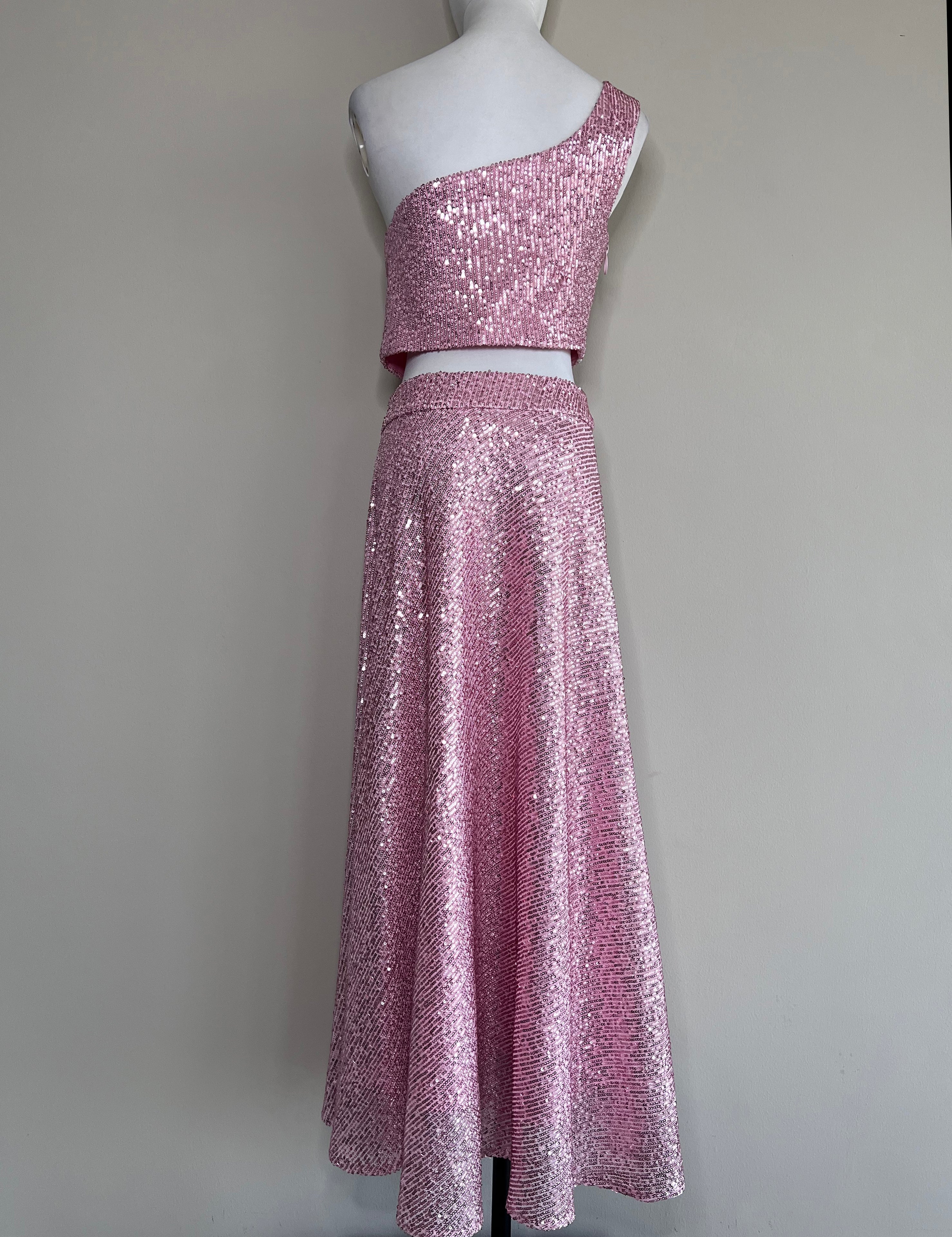 A set of Pink sequined one shoulder glitter top and long skirt - STELLE
