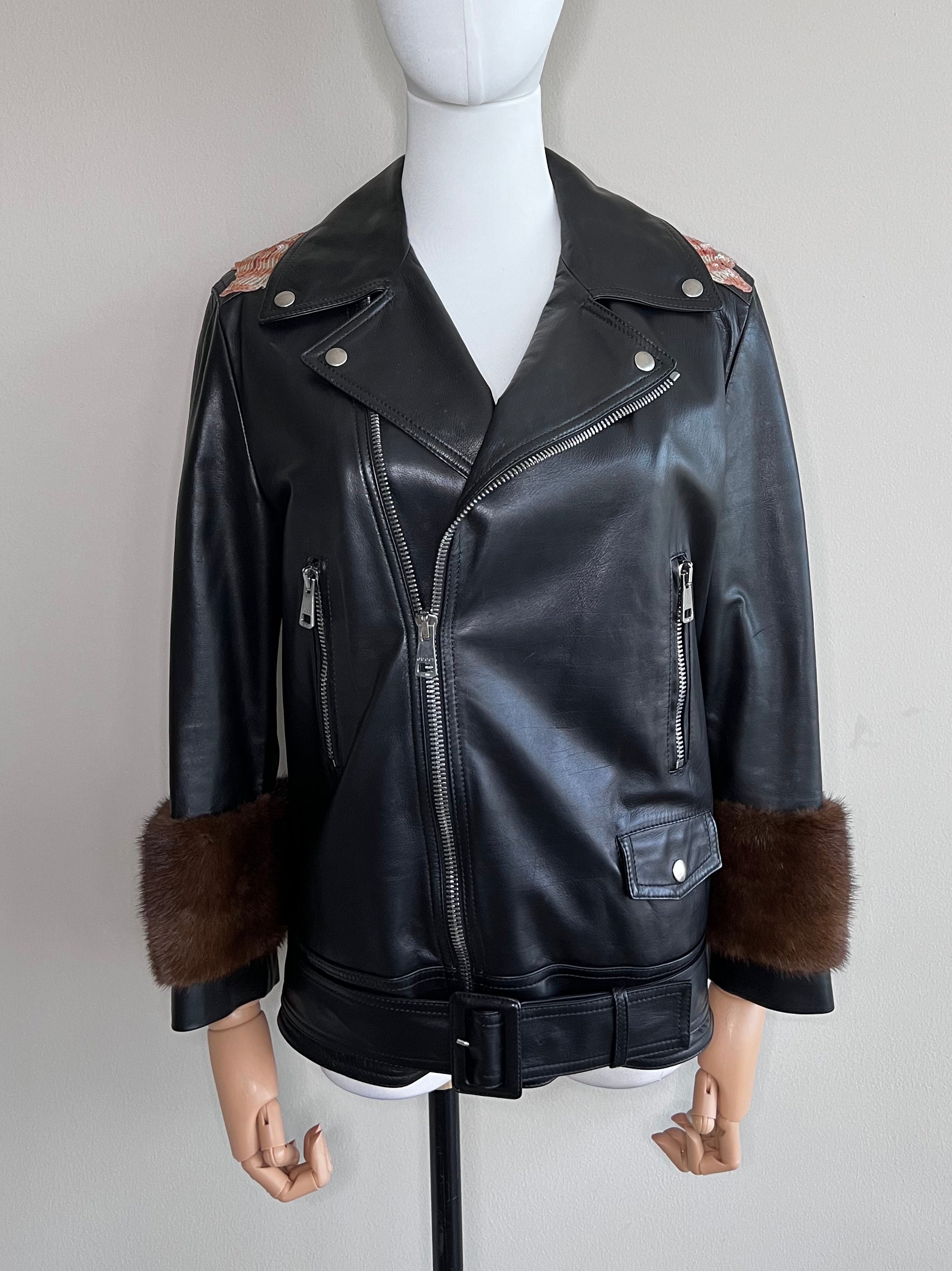 Black brown Lioness Faux motorcycle shearling leather jacket with embroidered on back - GUCCI