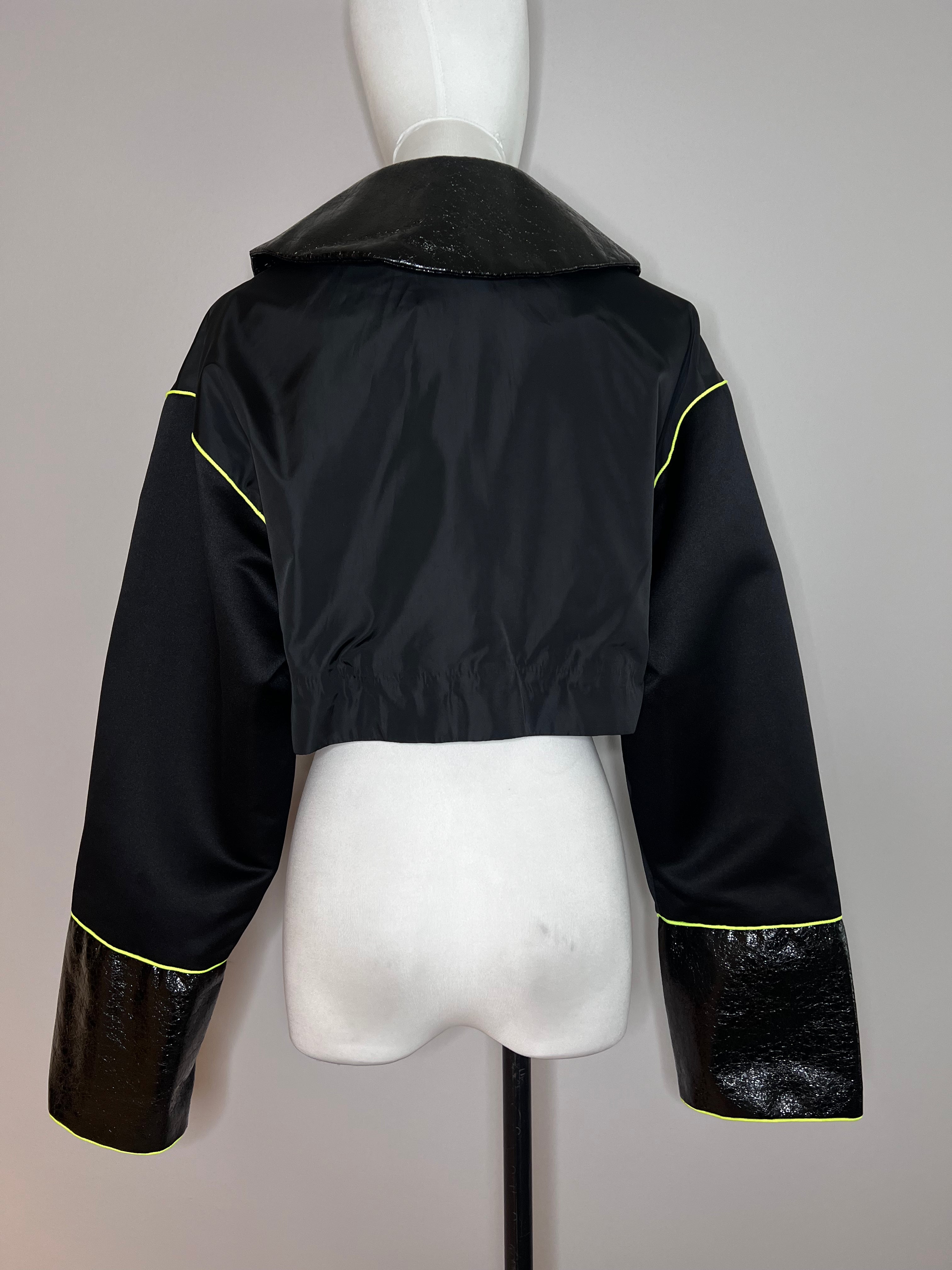 Multi fabric black cropped jacket with neon yellow lining - OHAWA FARAH SEIF