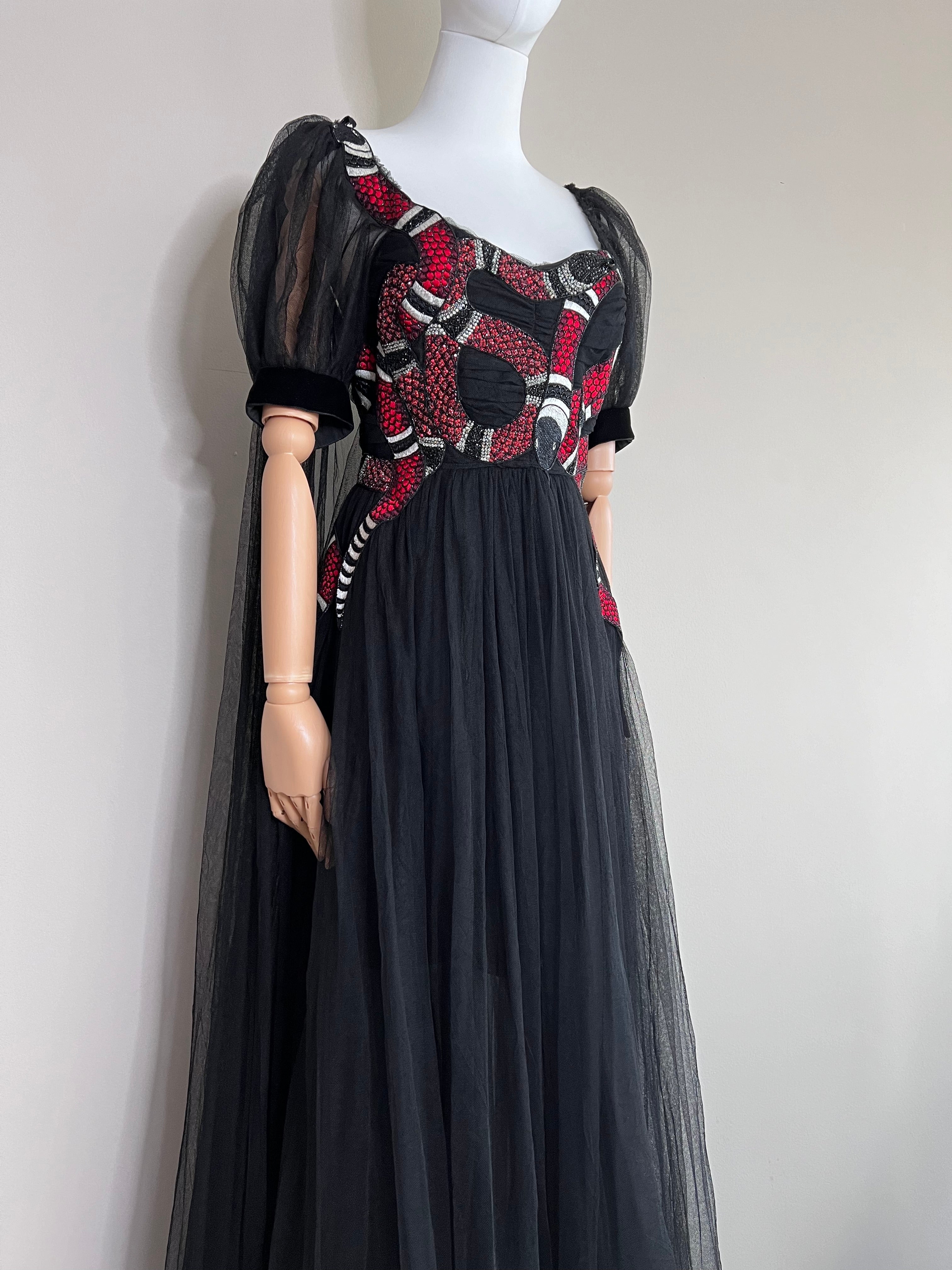 Black Tulle Embroidered Snake gown - GUCCI