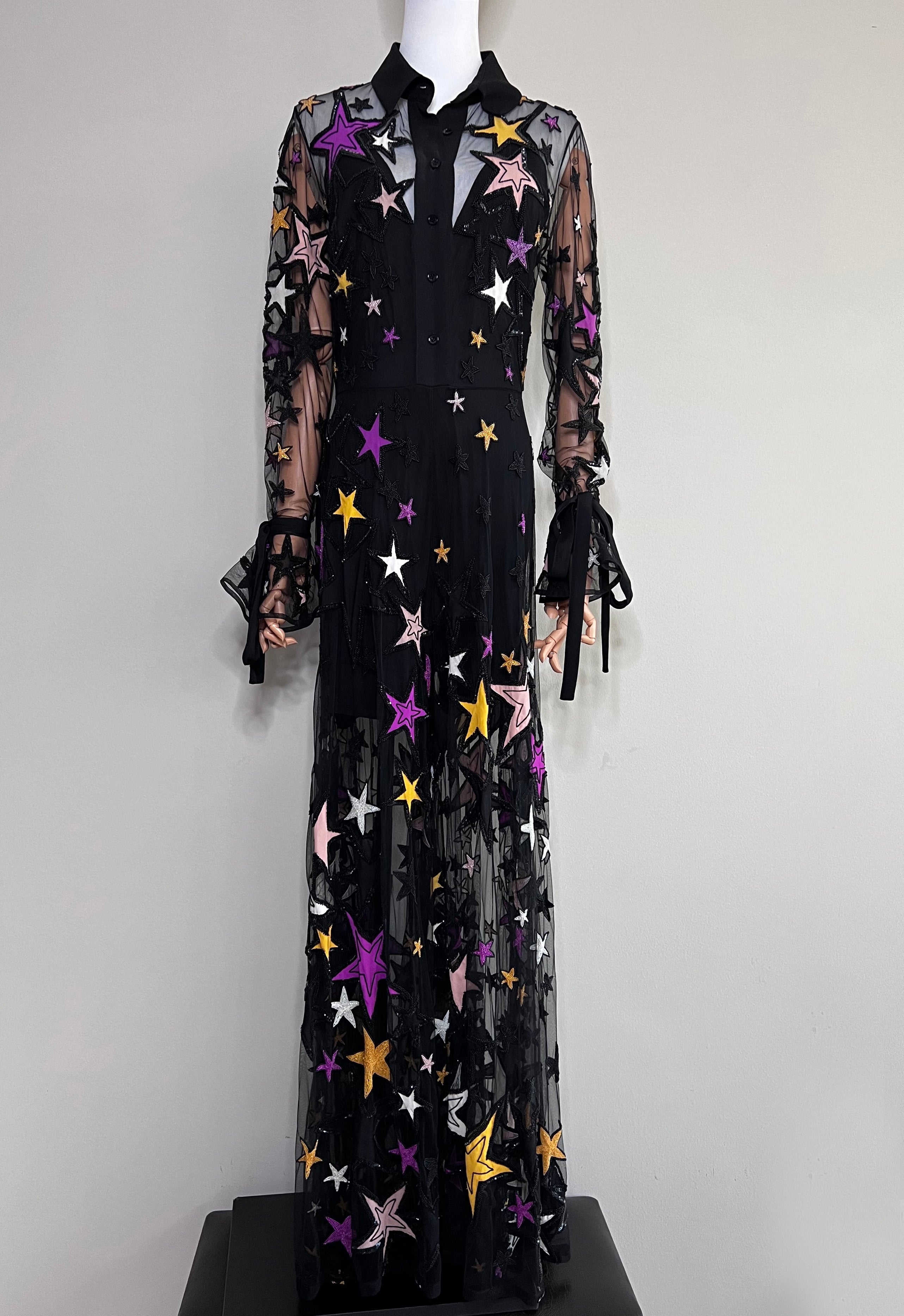 Black Mesh Star Design Perspective Maxi Dress - ELIE SAAB