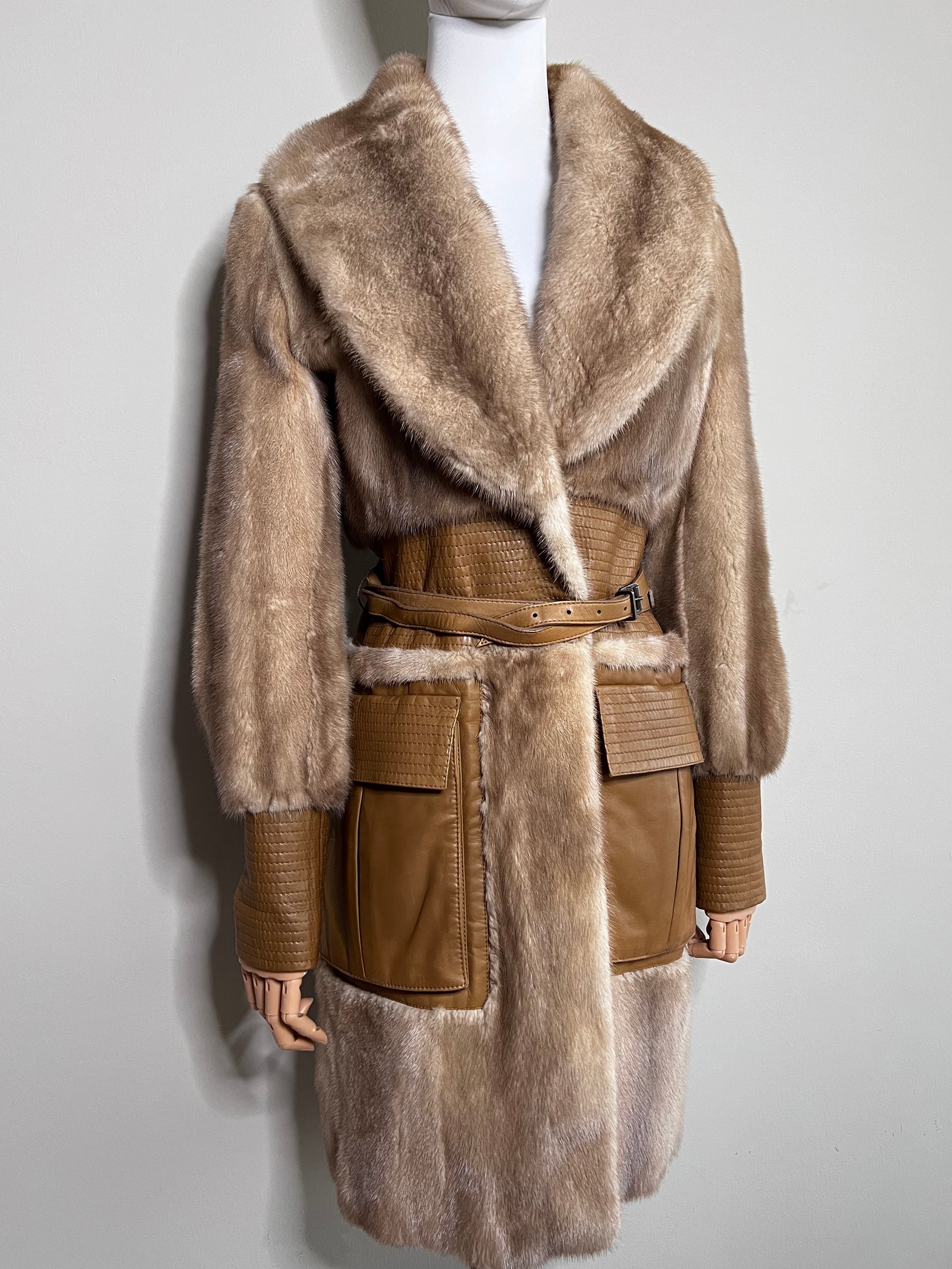 Brown Mink Coat With Nappa Leather Pockets Cuffs Waist Insert belted Jacket - CHRISTIAN DIOR