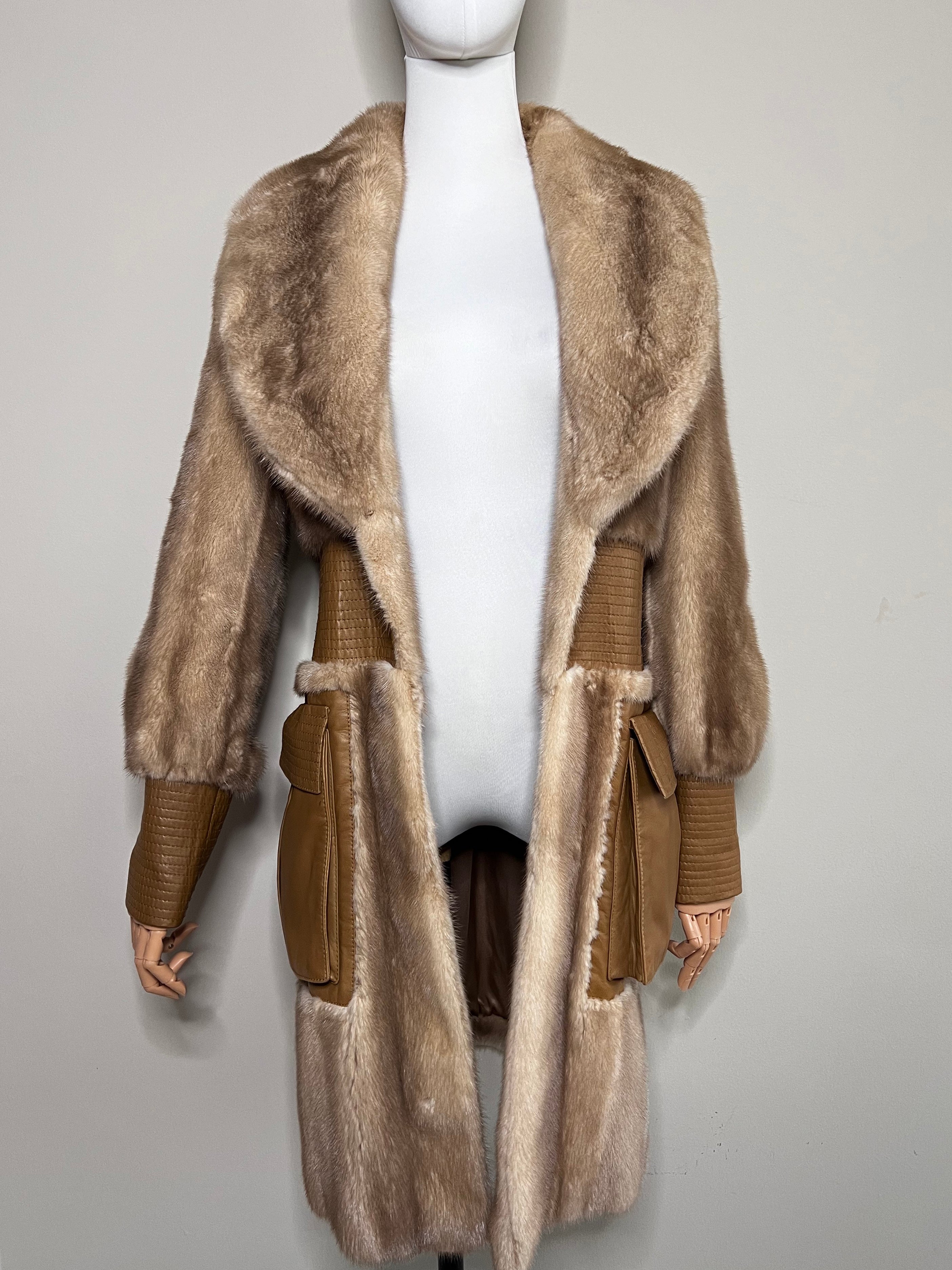 Brown Mink Coat With Nappa Leather Pockets Cuffs Waist Insert belted Jacket - CHRISTIAN DIOR