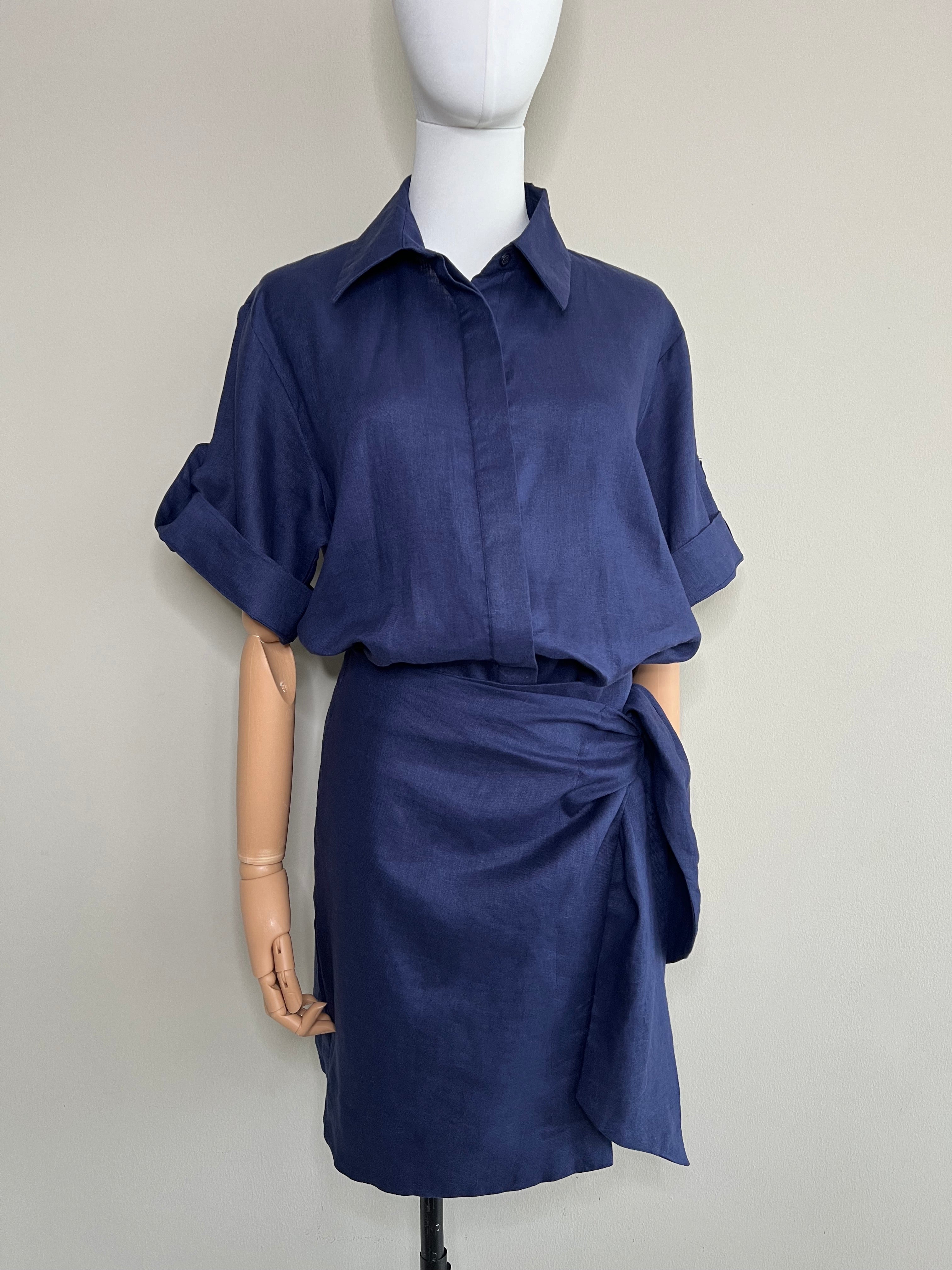 Navy Peony Linen Shirt & Skirt set - CHIC LE FRIQUE