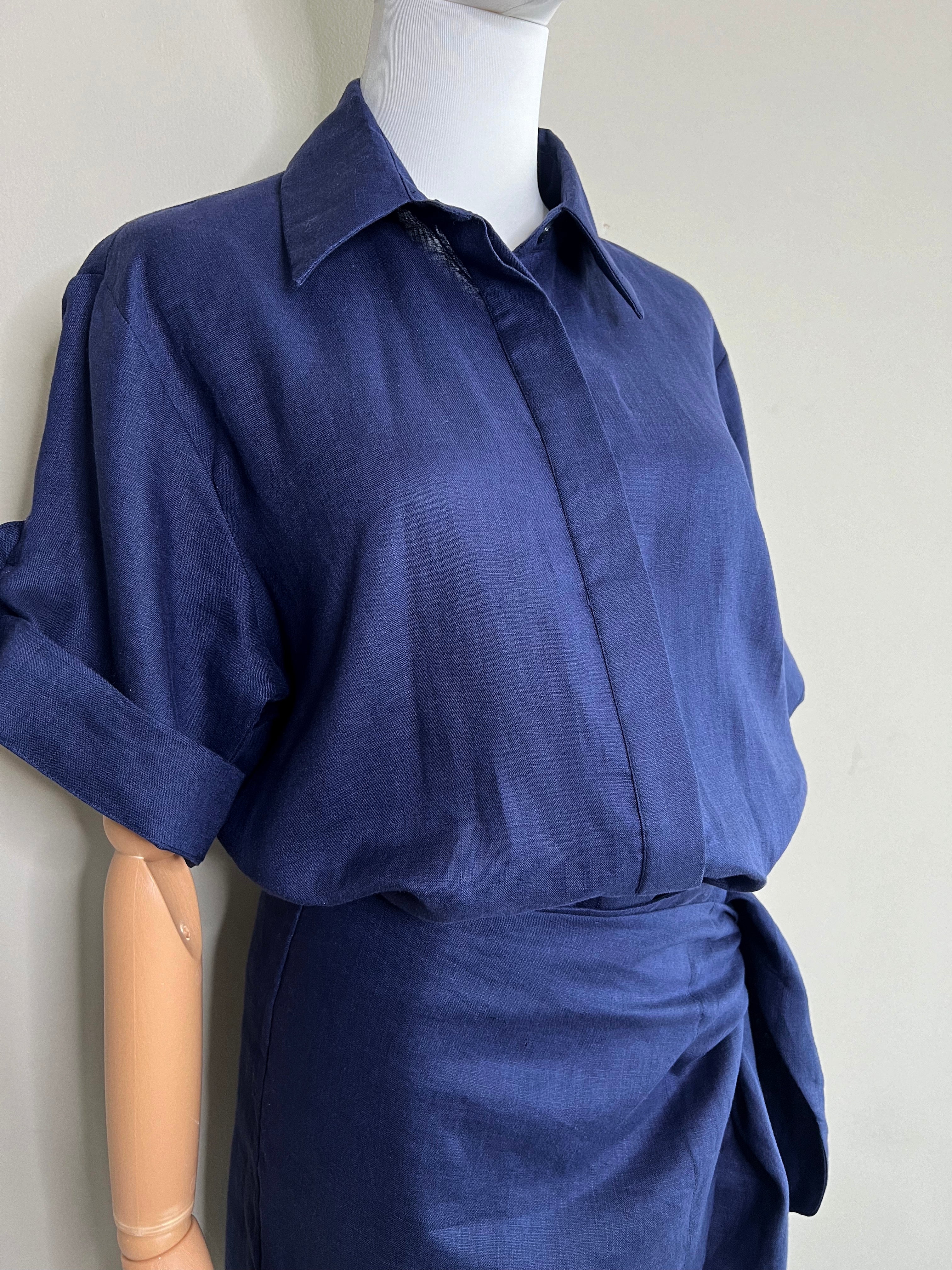 Navy Peony Linen Shirt & Skirt set - CHIC LE FRIQUE