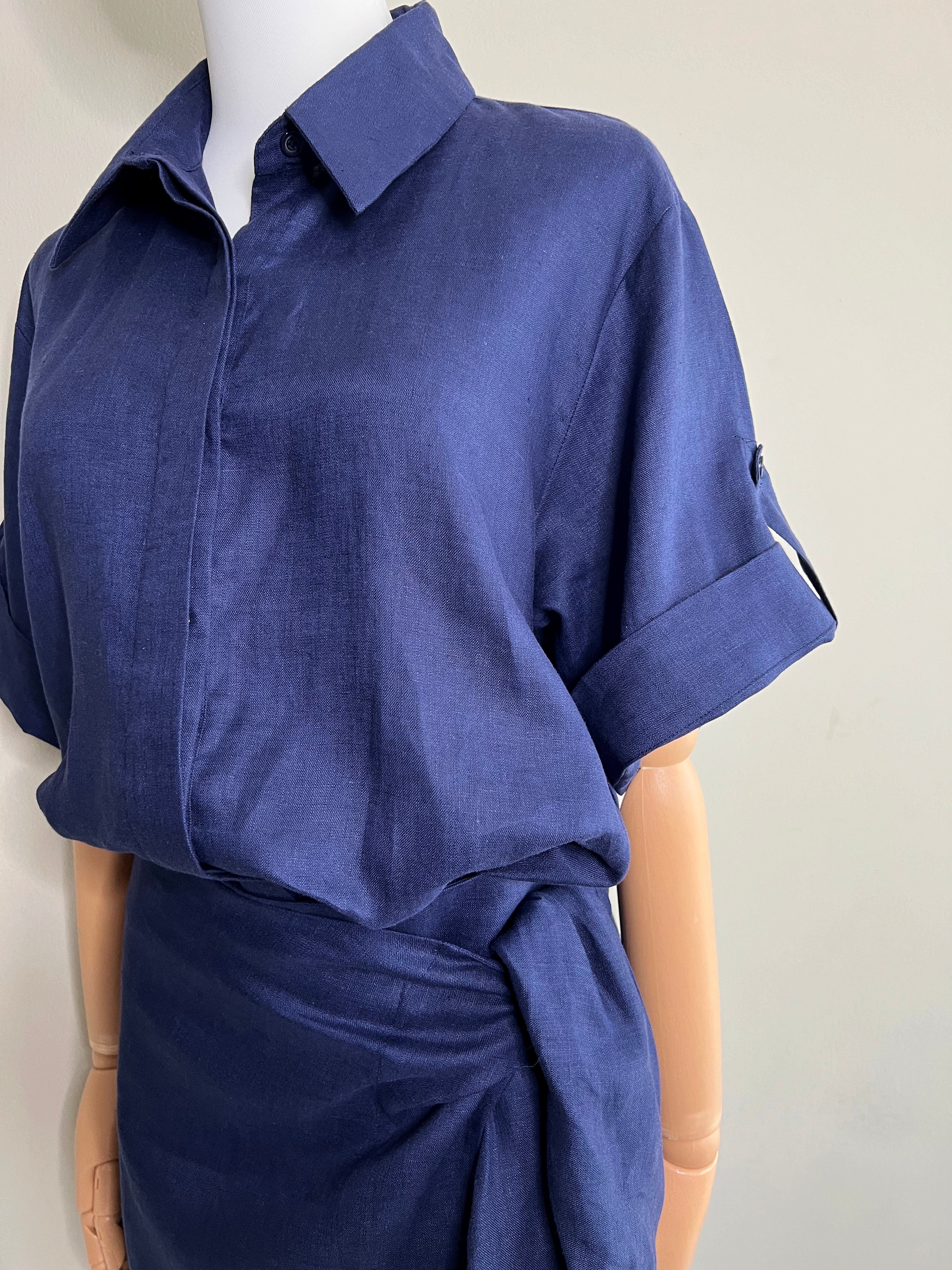 Navy Peony Linen Shirt & Skirt set - CHIC LE FRIQUE