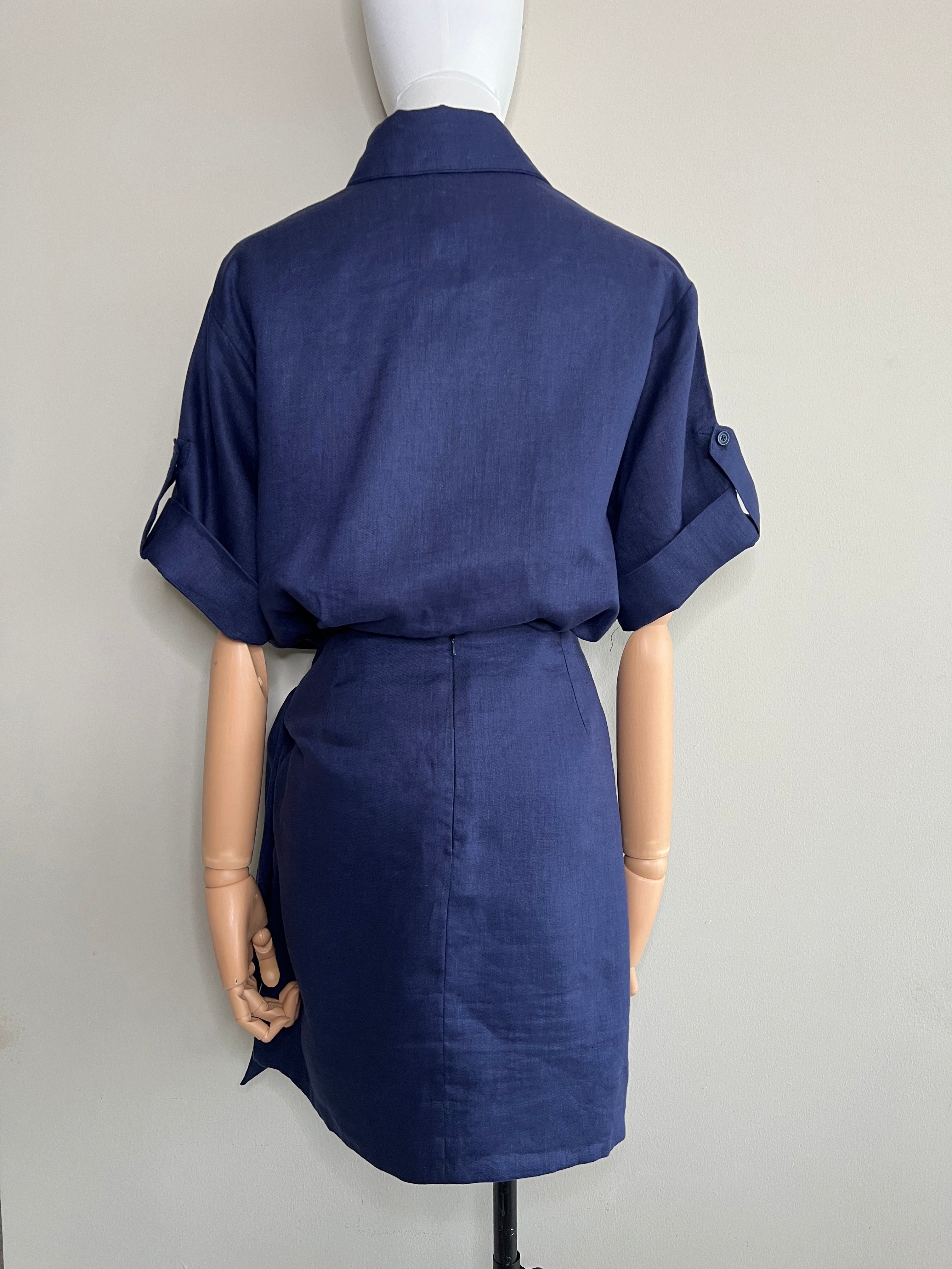 Navy Peony Linen Shirt & Skirt set - CHIC LE FRIQUE