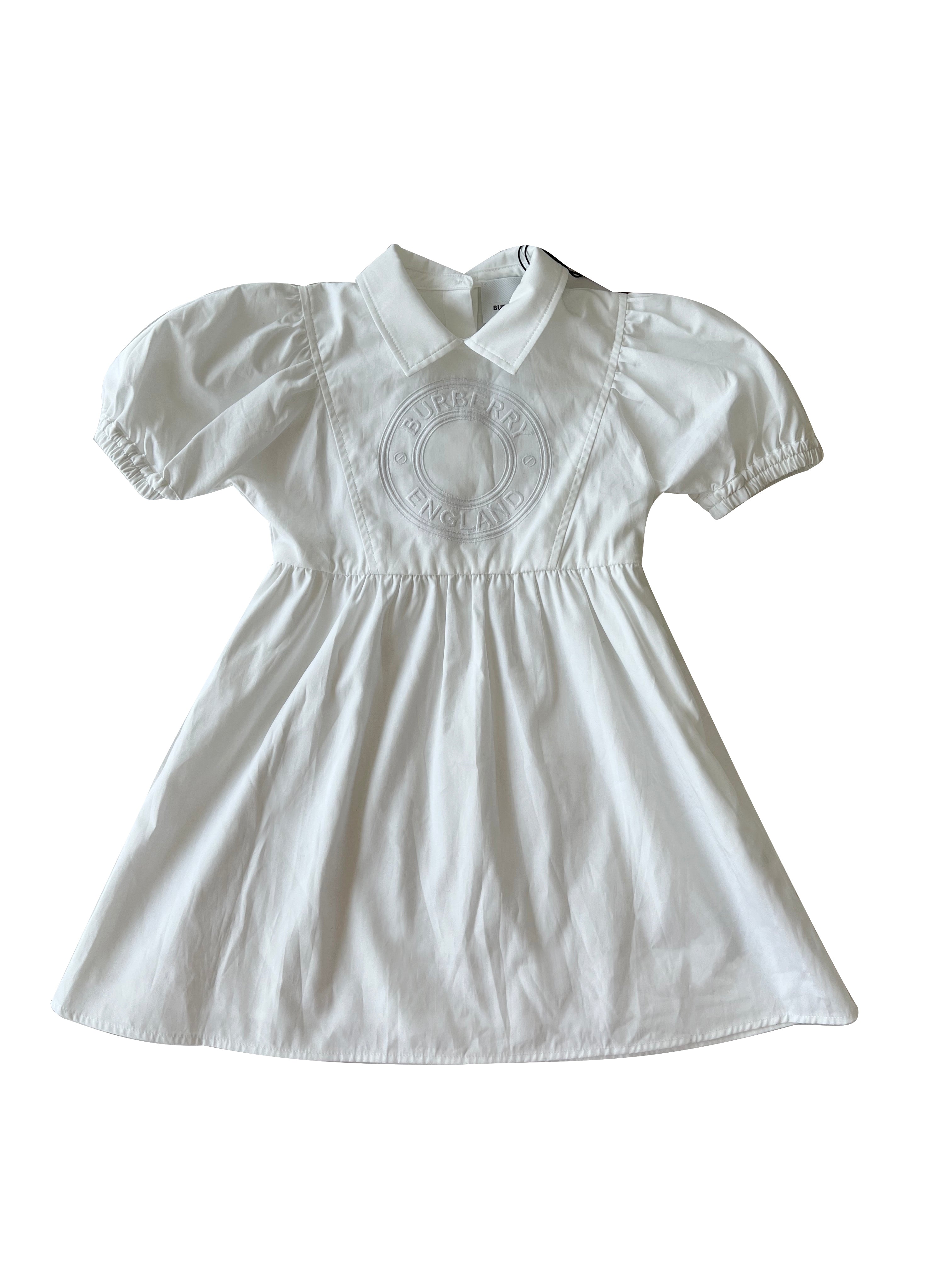 White Logo Embroidered Puff cotton dress - BURBERRY Kids