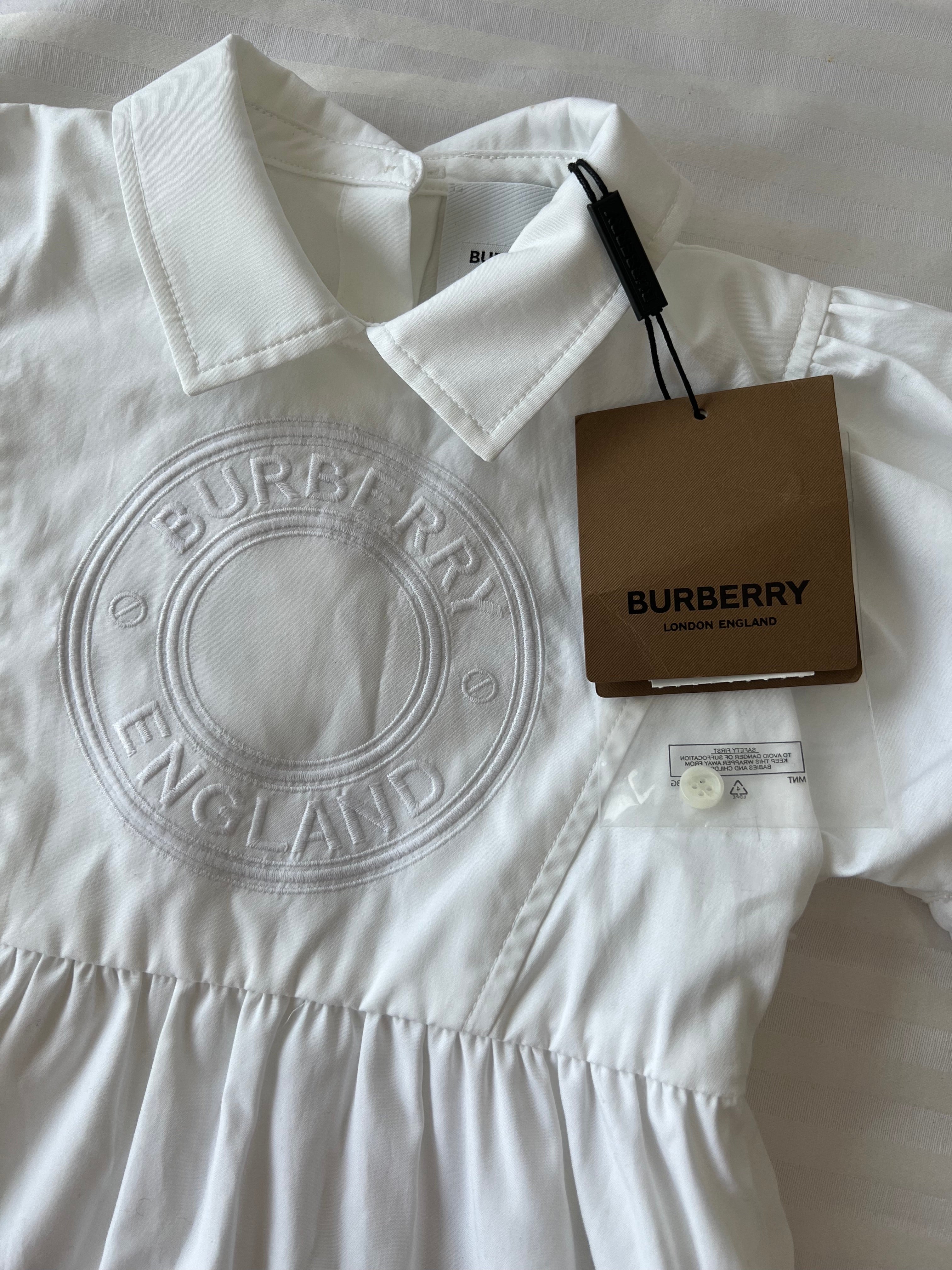 White Logo Embroidered Puff cotton dress - BURBERRY Kids