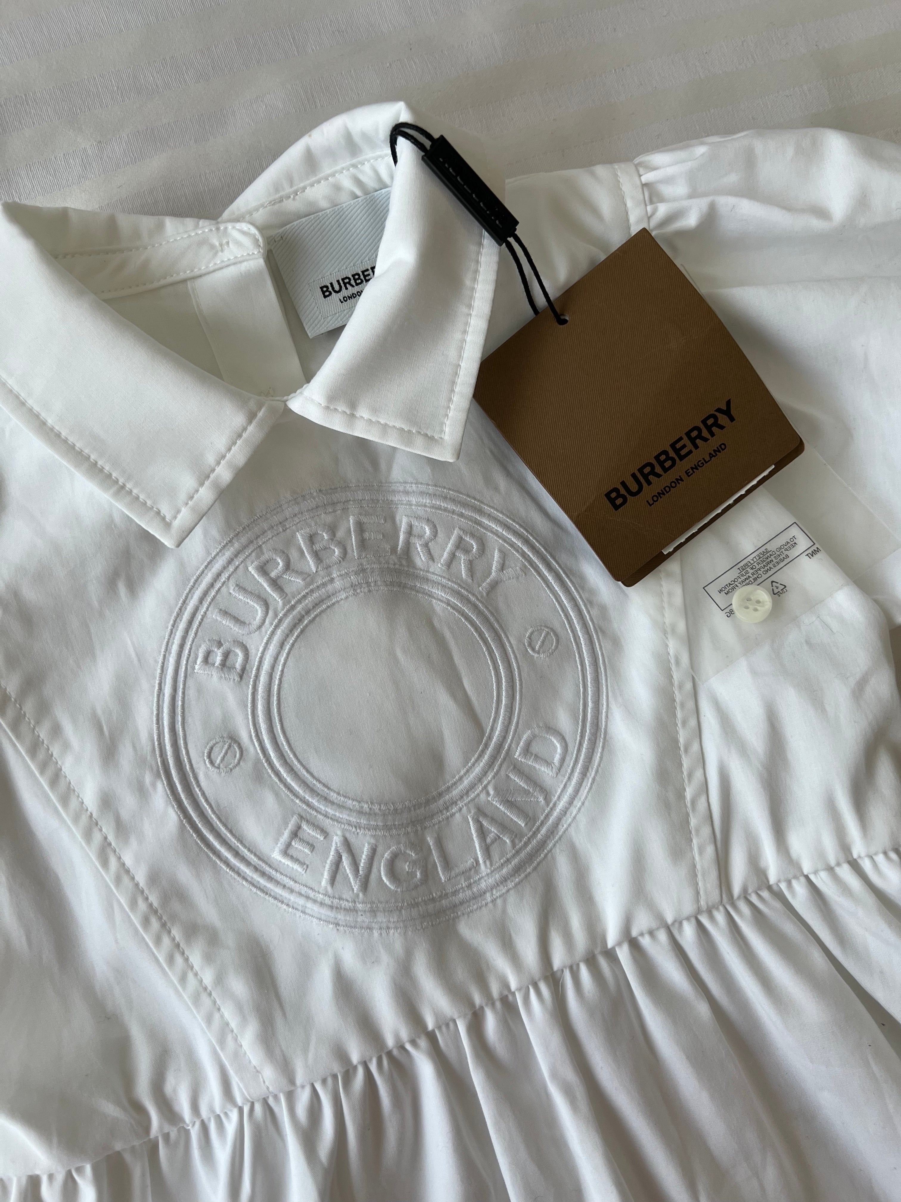 White Logo Embroidered Puff cotton dress - BURBERRY Kids