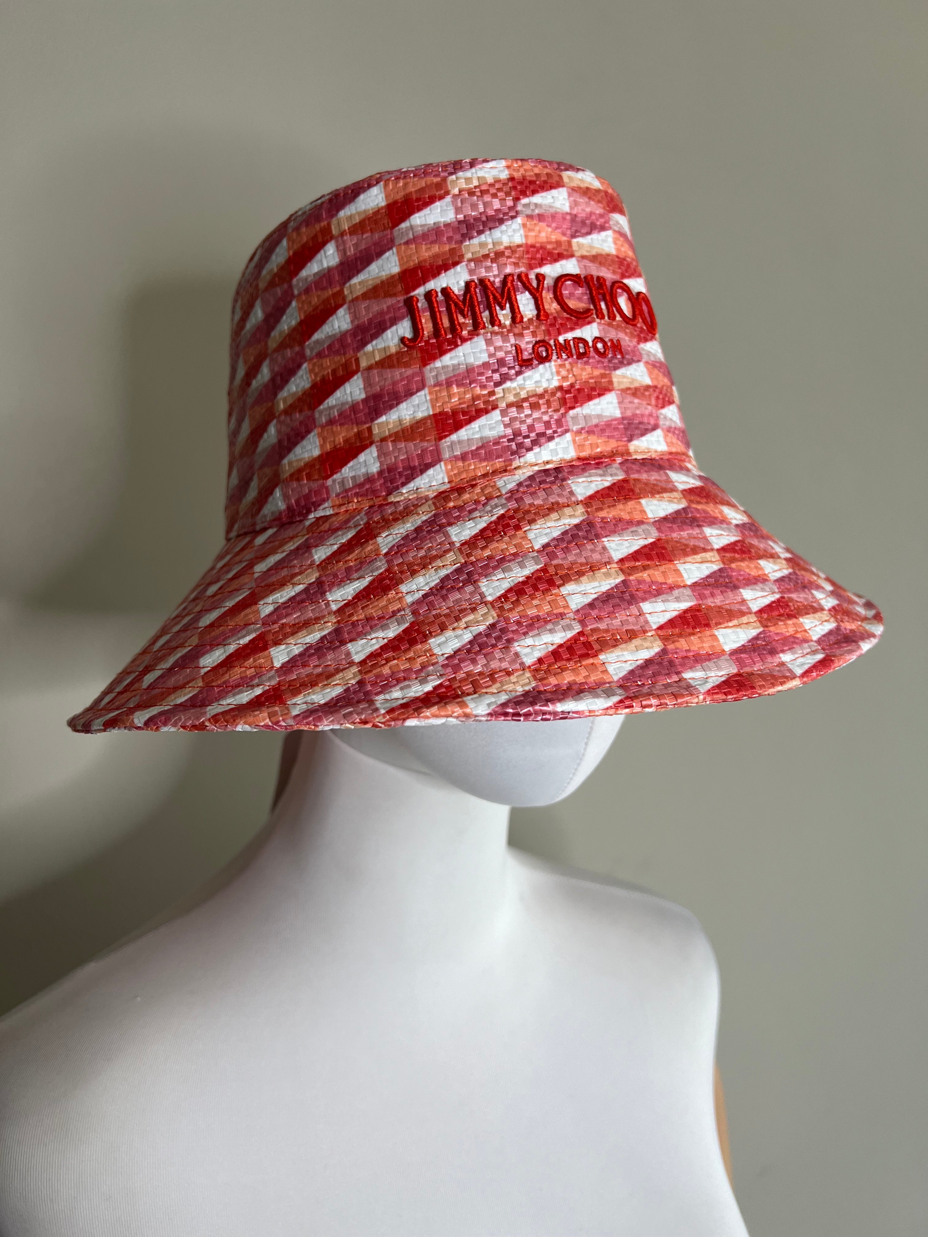 Catalie Paprika Candy Pink Diamond Print Fabric Embroidered Sun Hat - JIMMY CHOO