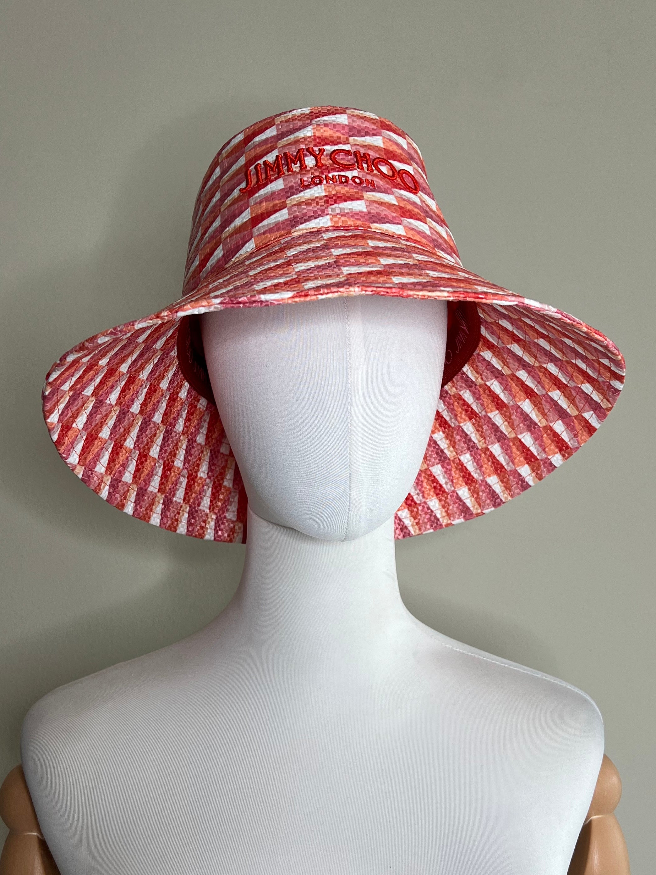 Catalie Paprika Candy Pink Diamond Print Fabric Embroidered Sun Hat - JIMMY CHOO