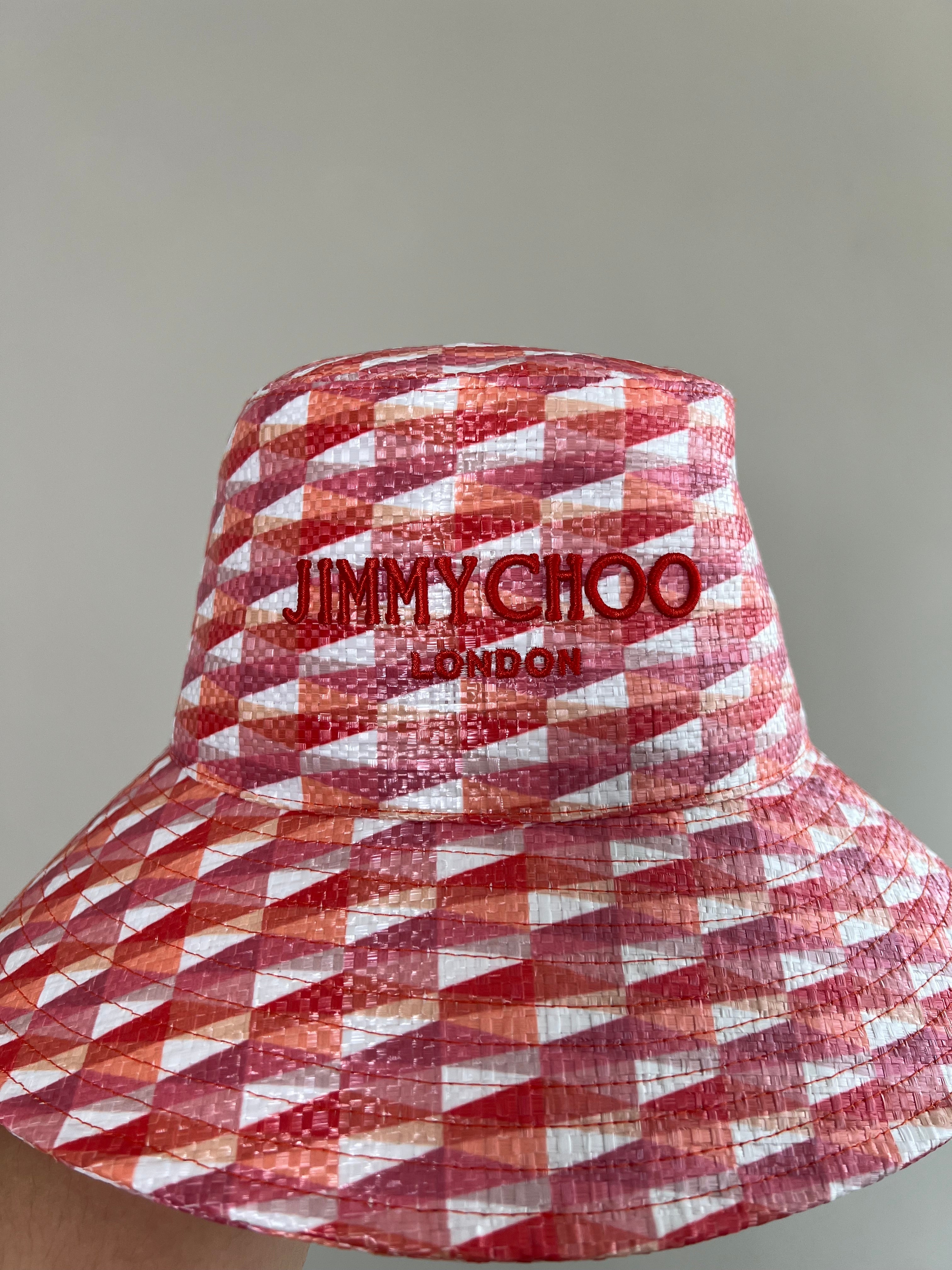 Catalie Paprika Candy Pink Diamond Print Fabric Embroidered Sun Hat - JIMMY CHOO