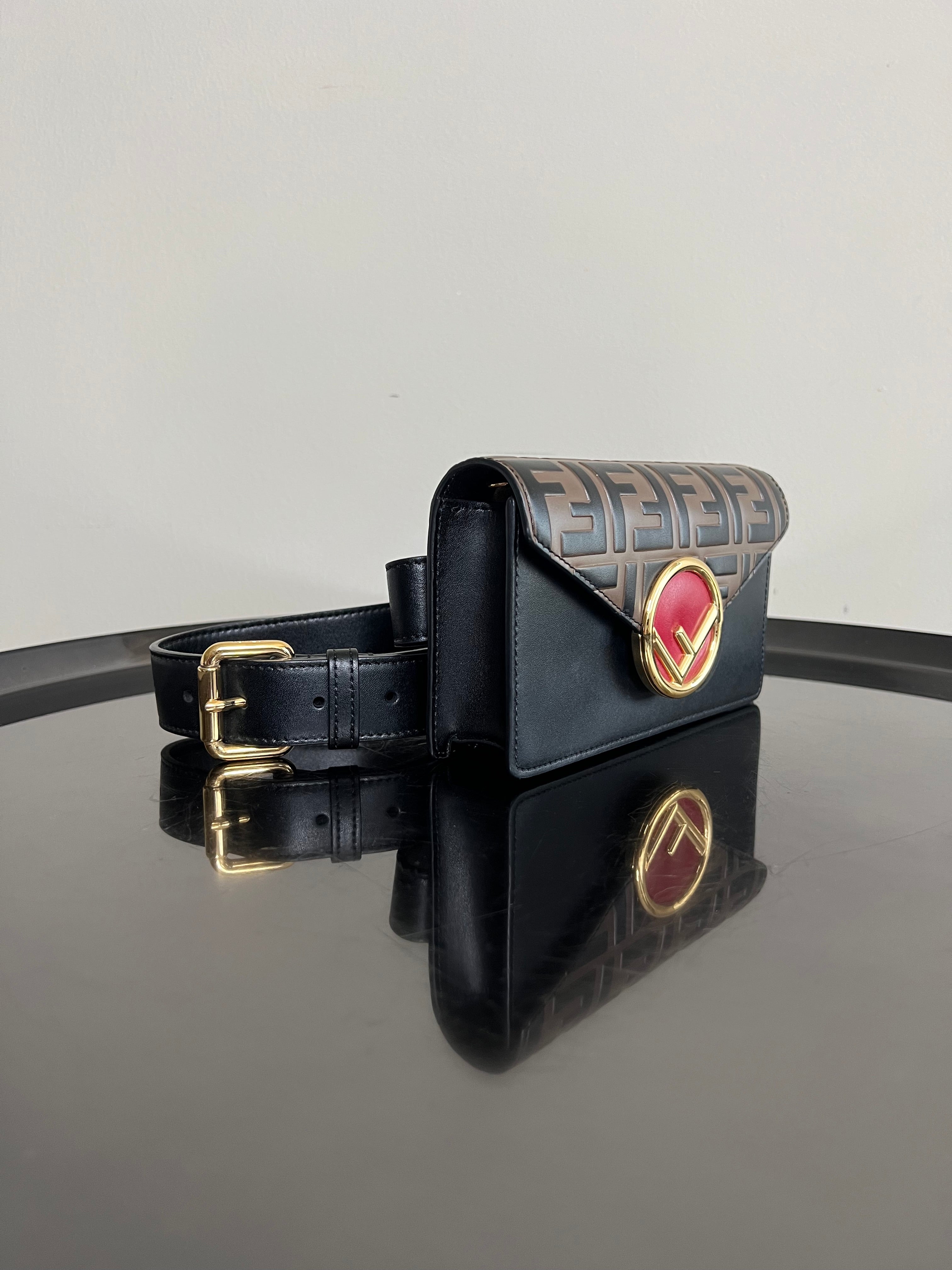 Black Brown Leather FF Logo belt bag - FENDI