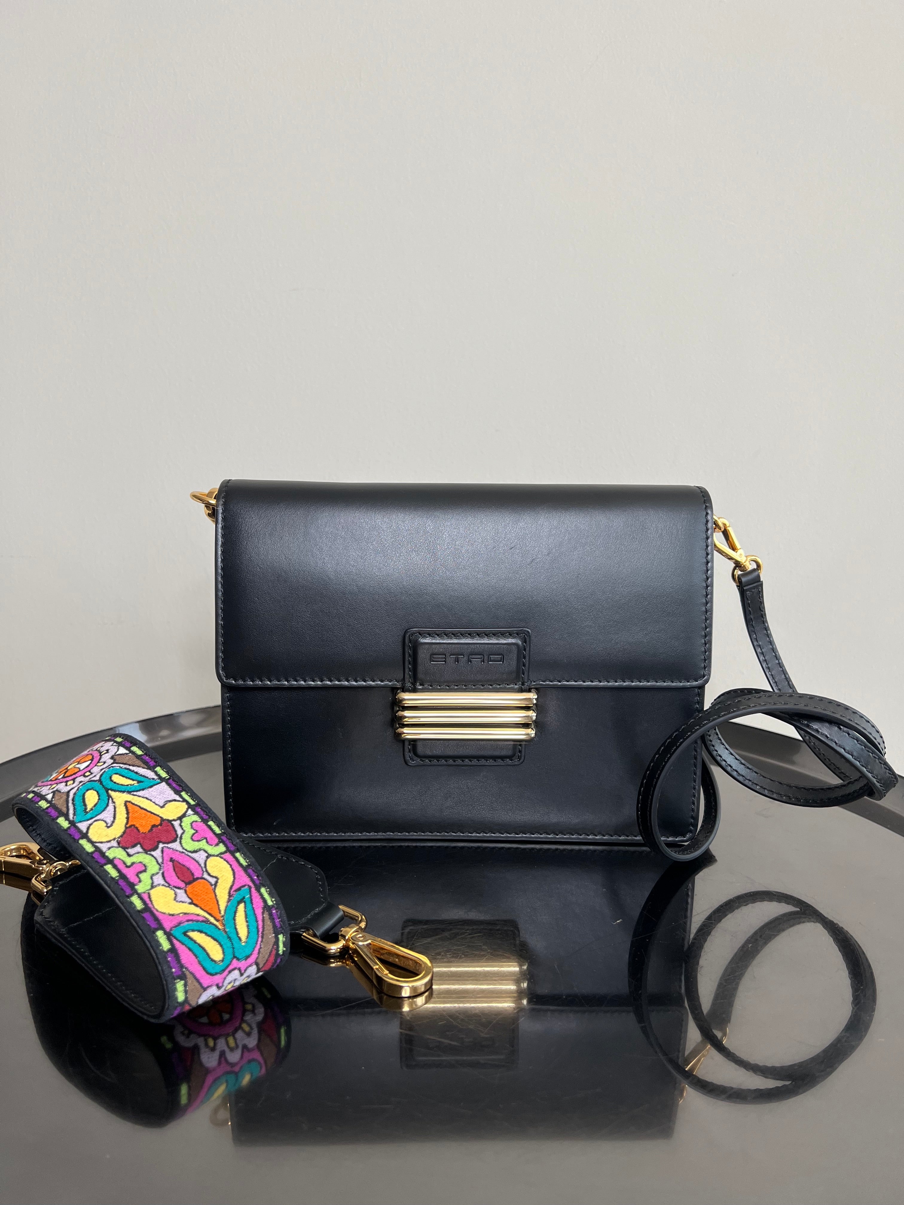 Black Fold Over Shoulder Bag with extra strap - ETRO