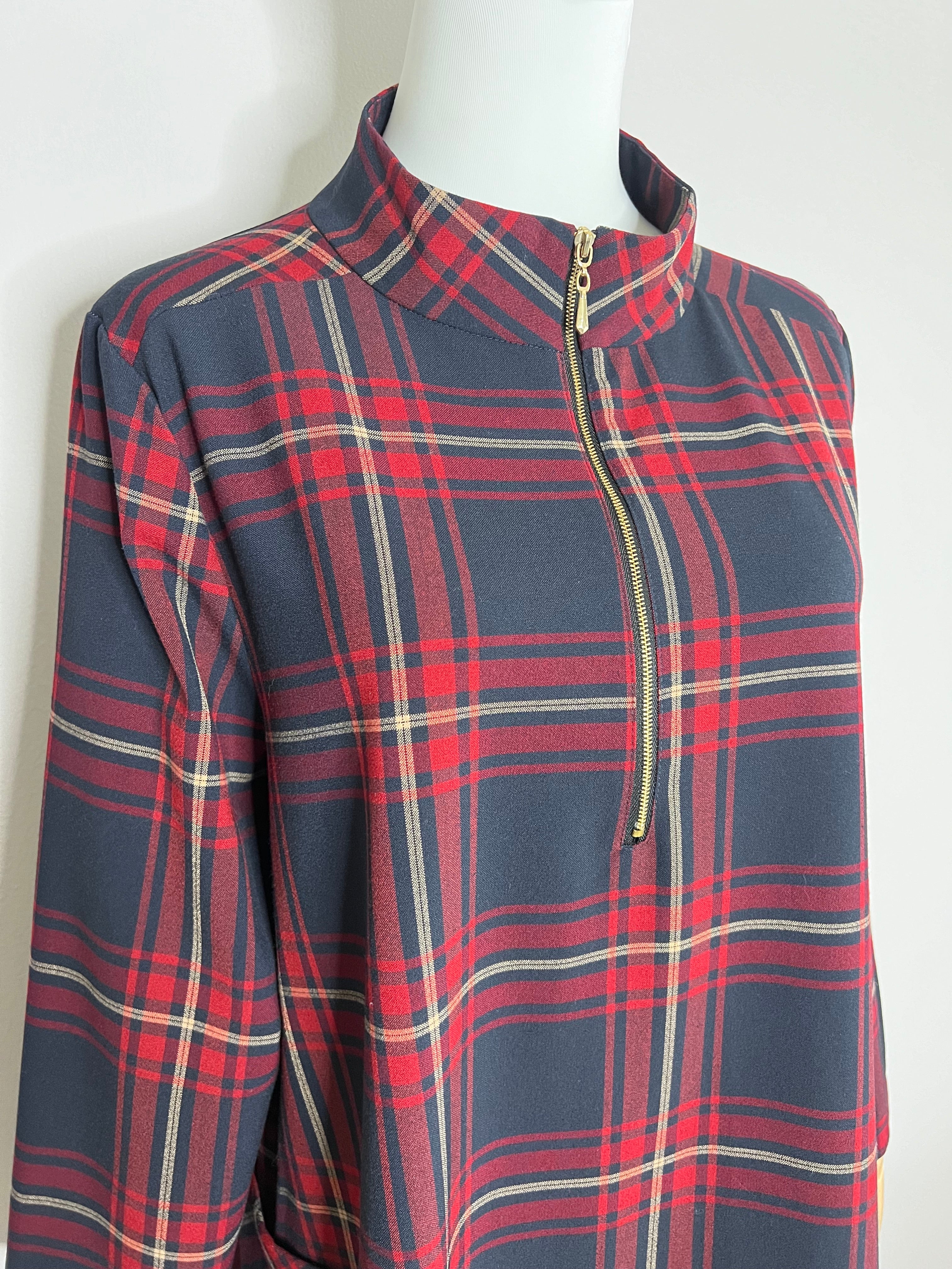 Basic plaid red & navy blue checkered dress with large gold zip front and two side pocket - ZARA