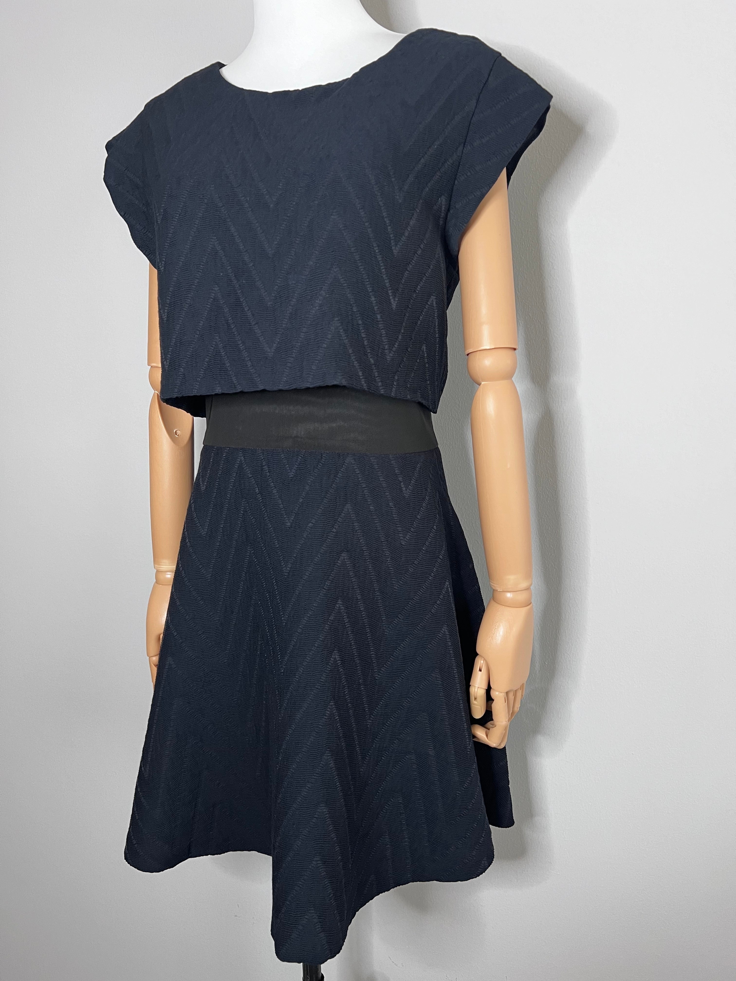 Navy blue A-line dress patterned ruffled and mesh accents short sleeve with exposed zip closure at back - MAJE