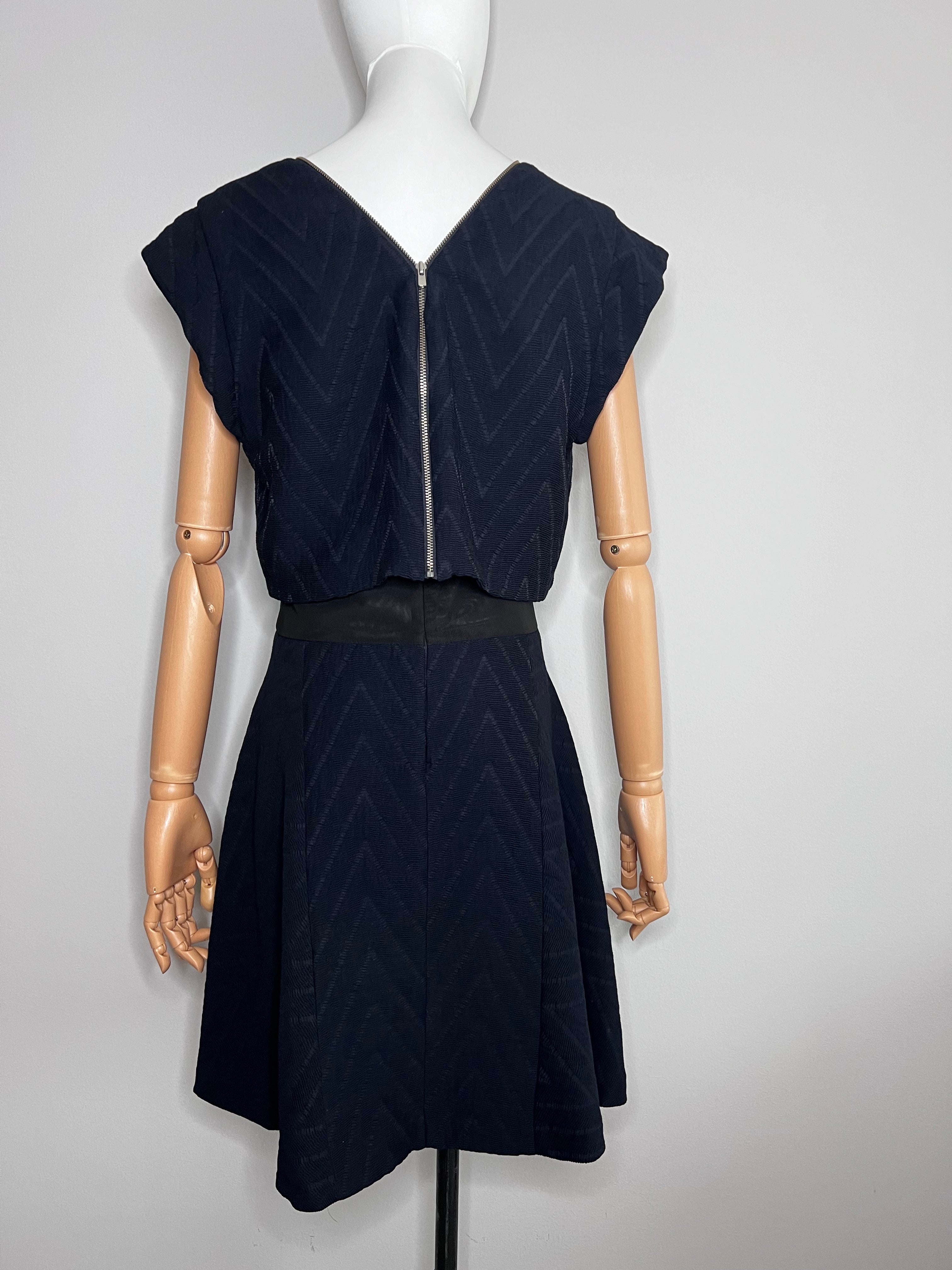 Navy blue A-line dress patterned ruffled and mesh accents short sleeve with exposed zip closure at back - MAJE