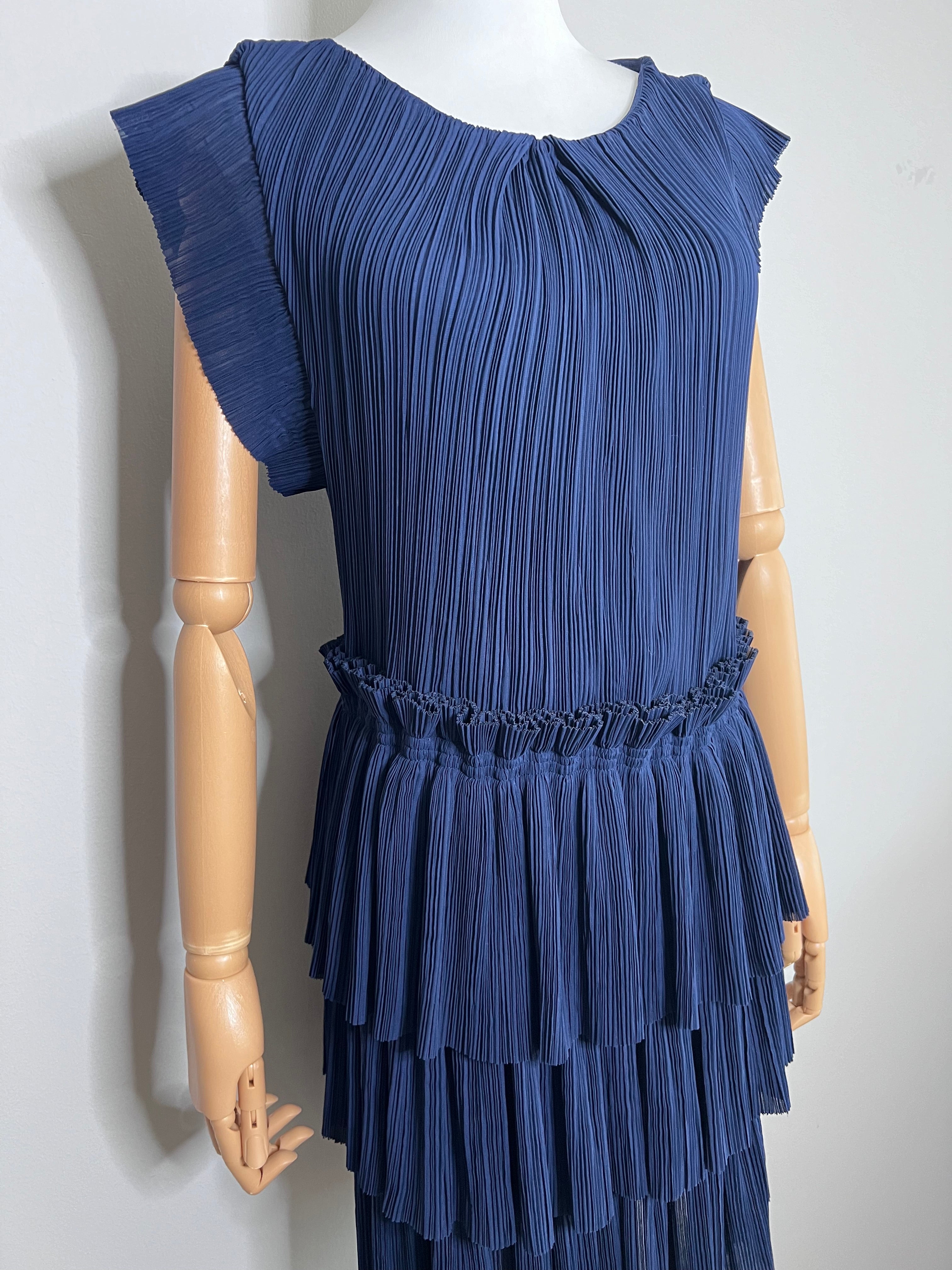 Navy blue pleated ruffle tiered dress - MAJE