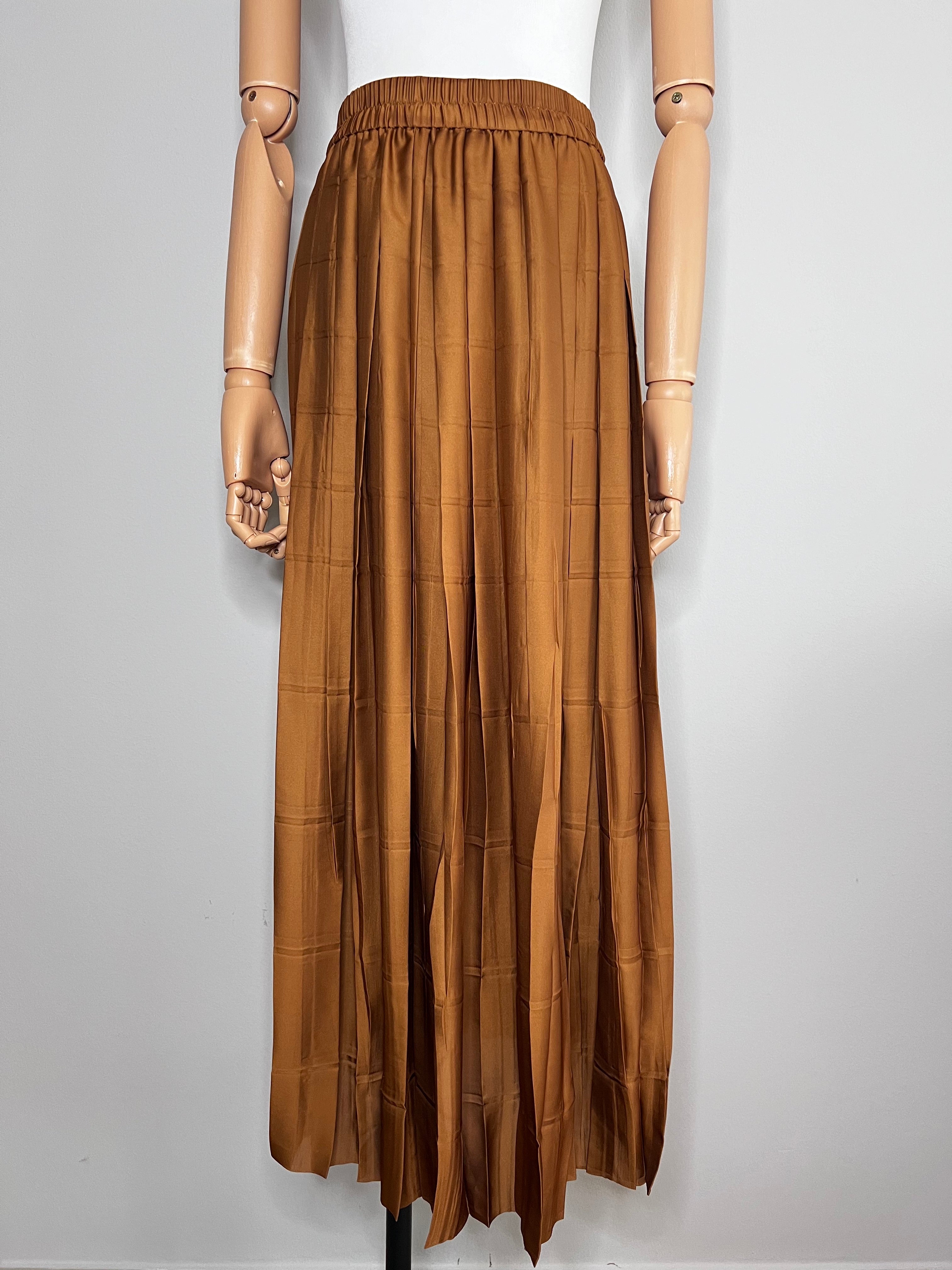 Long Brown silky pleated skirt - MASSIMO DUTTI