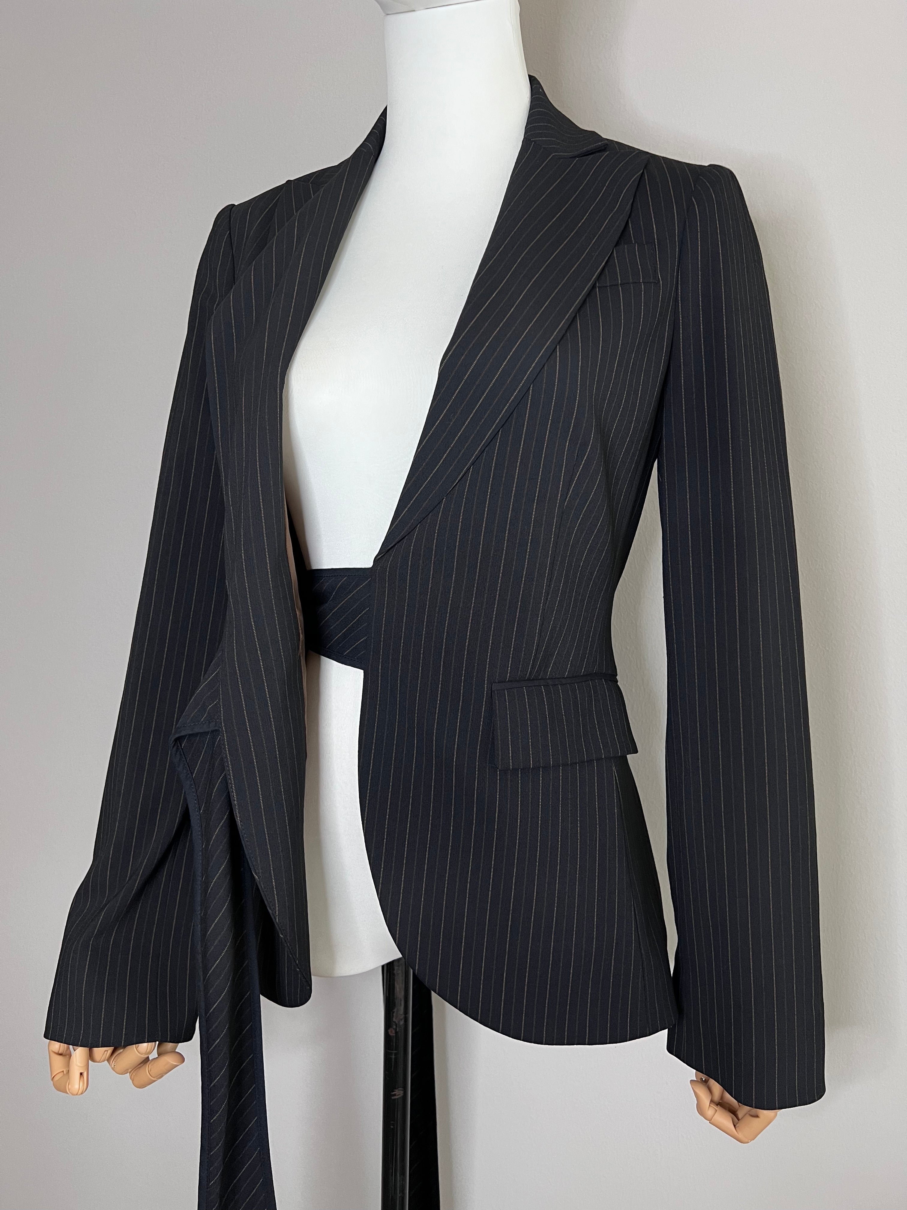 Pintsripe pattern navy blue Tied bow blazer jacket - BCBGMAXAZRIA