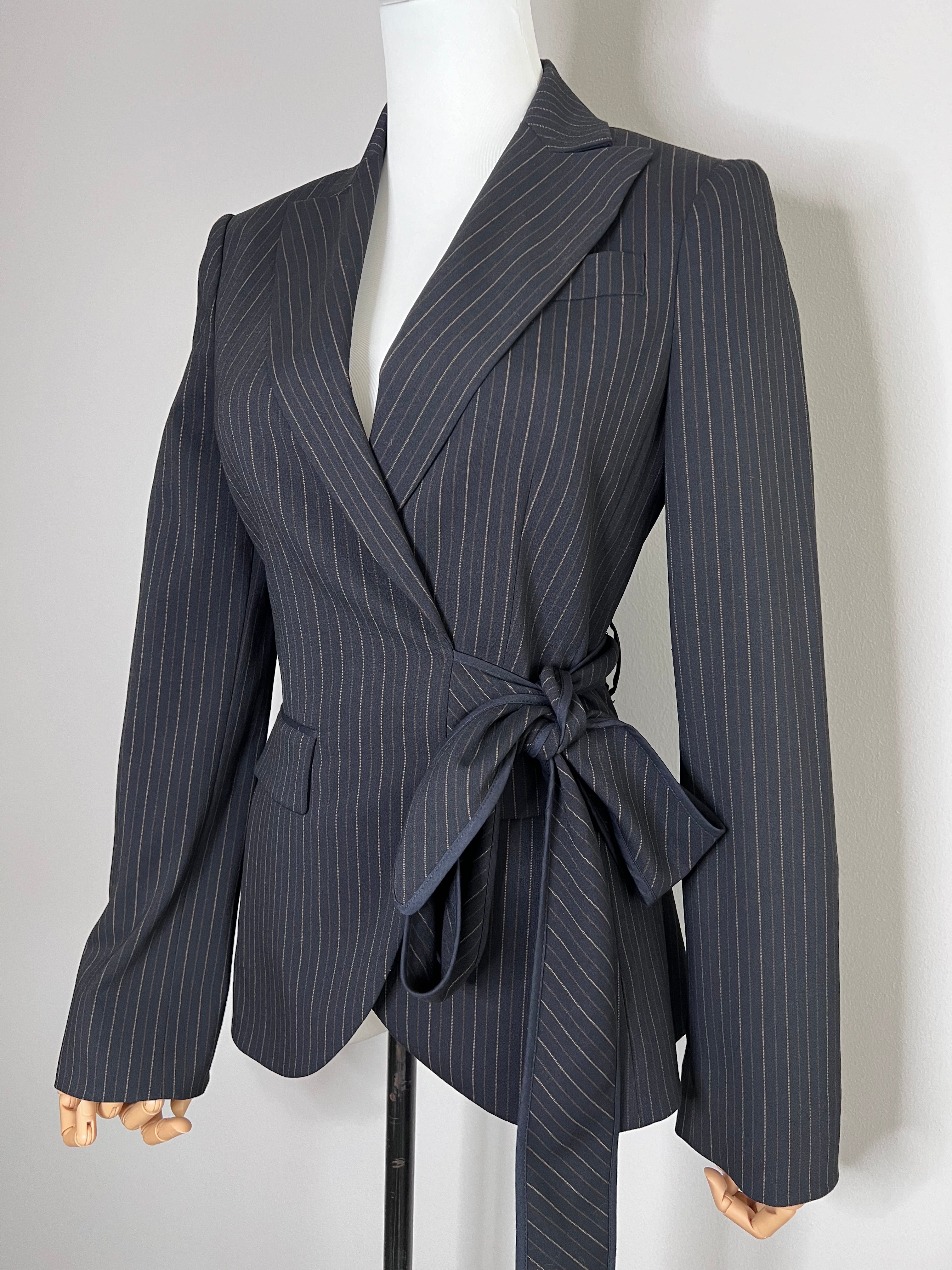 Pintsripe pattern navy blue Tied bow blazer jacket - BCBGMAXAZRIA