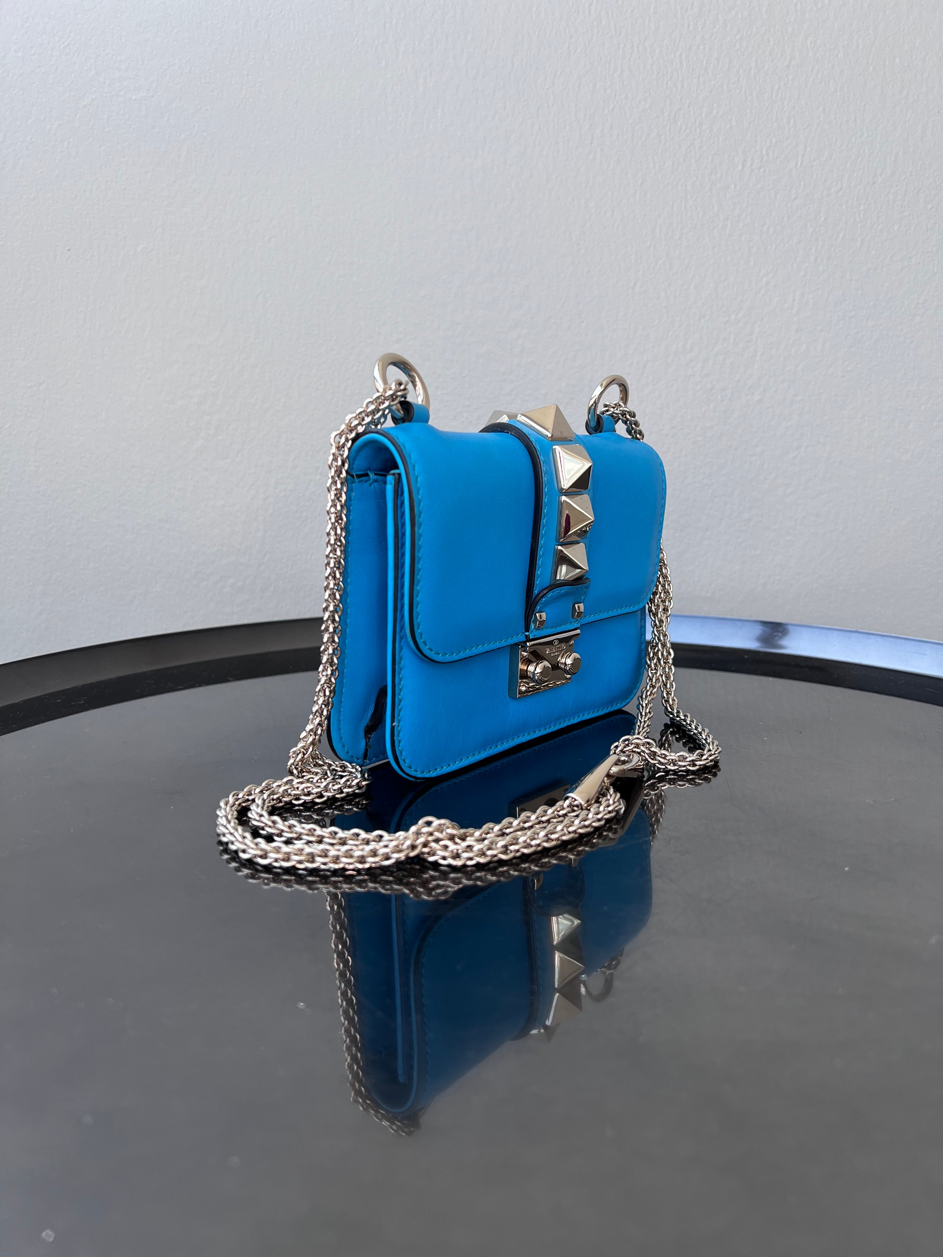 Blue leather medium rock stud glam lock flap bag VALENTINO