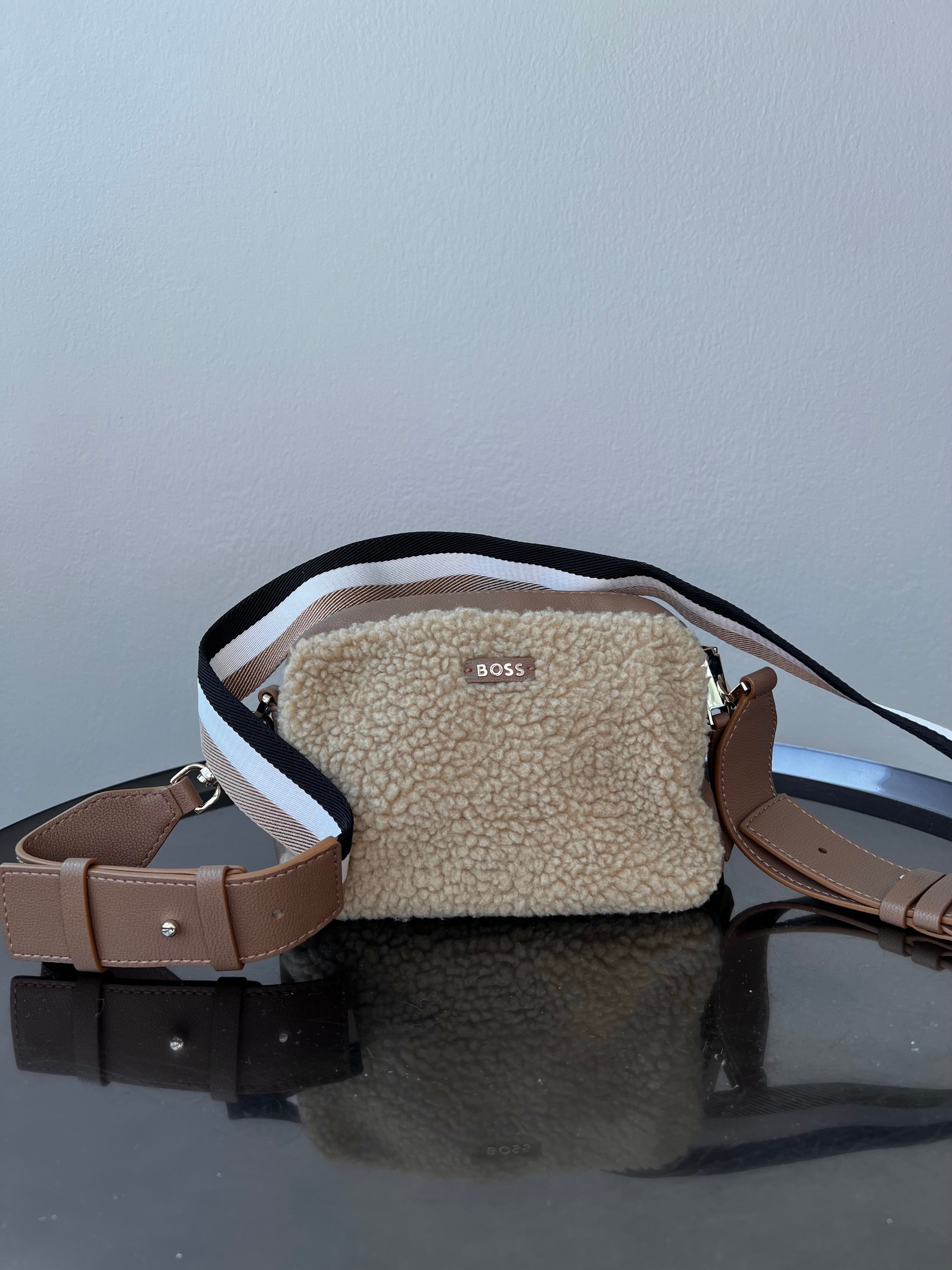 Brown faux-leather crossbody bag with teddy trim - BOSS