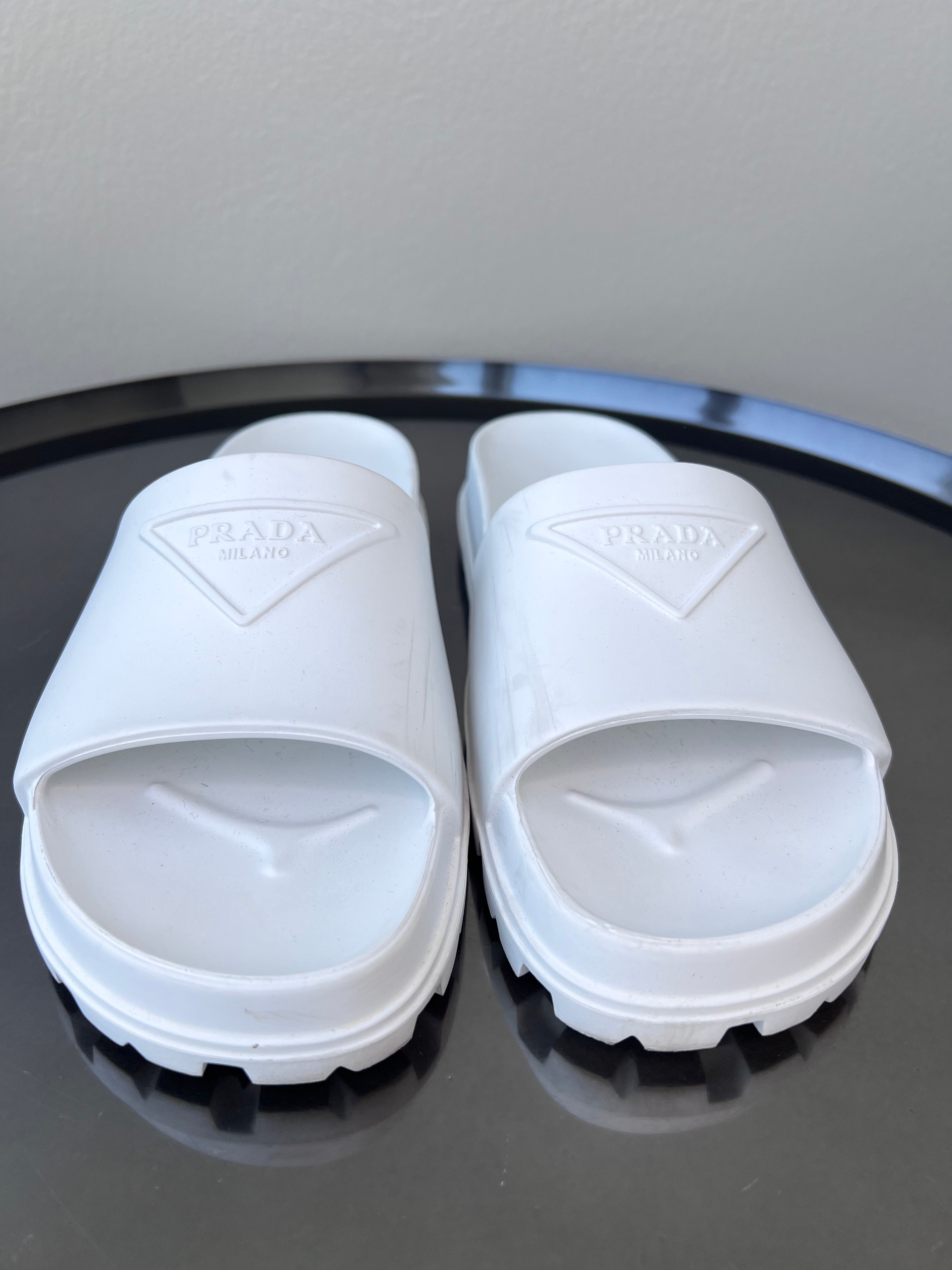 White Plastic Mules Slides with Prada emboss logo - PRADA