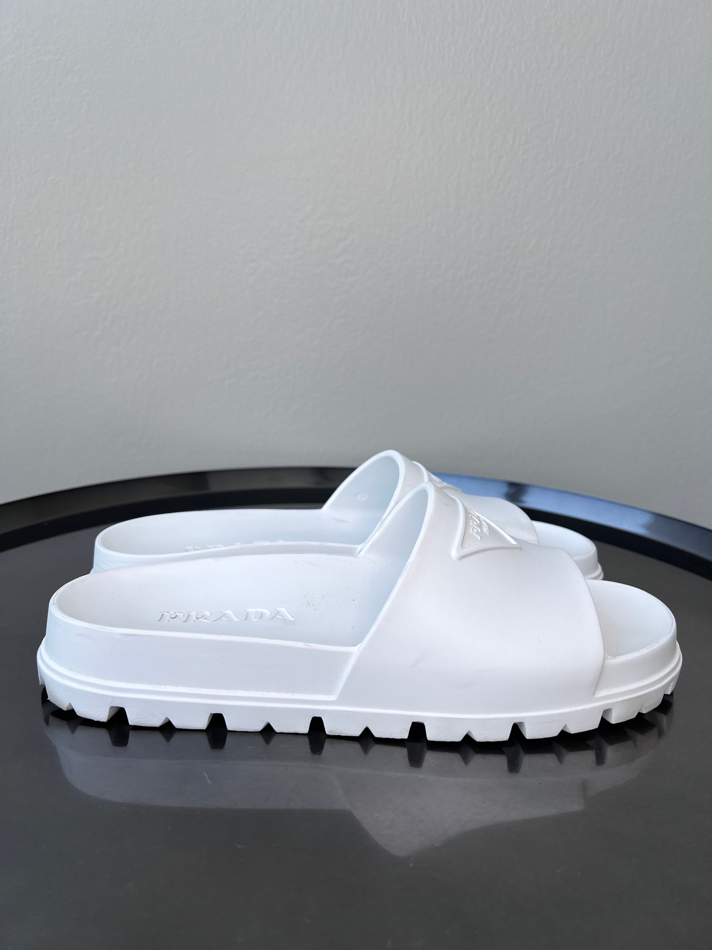 White Plastic Mules Slides with Prada emboss logo - PRADA
